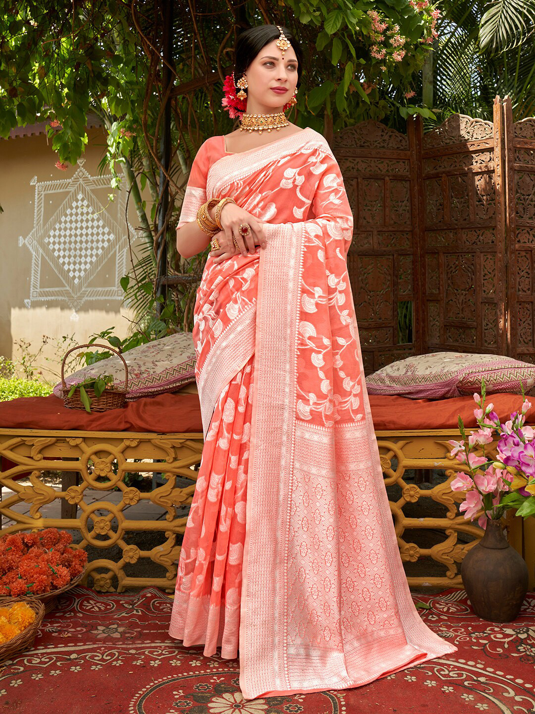 

Anouk Orange Floral Woven Design Zari Art Silk Banarasi Saree