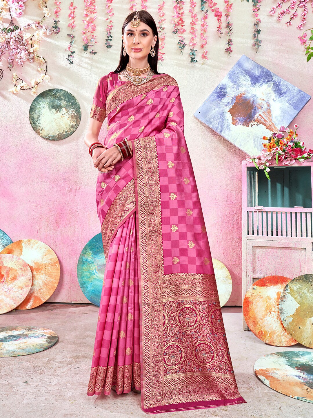 

Anouk Pink & Gold-Toned Ethnic Motifs Woven Design Zari Banarasi Saree