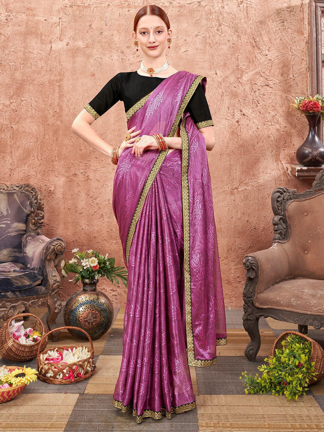 

Anouk Rustic Pink & Gold-Toned Floral Woven Design Zari Saree