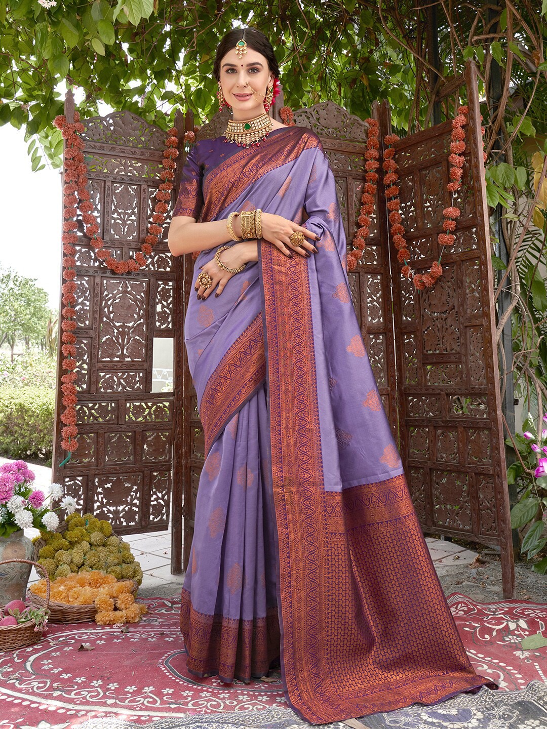 

Anouk Purple & Copper-Toned Ethnic Motifs Woven Design Zari Kanjeevaram Saree