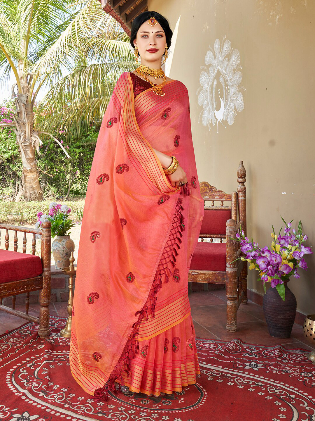 

Anouk Pink & Red Paisley Embroidered Art Silk Chanderi Silk Cotton Saree