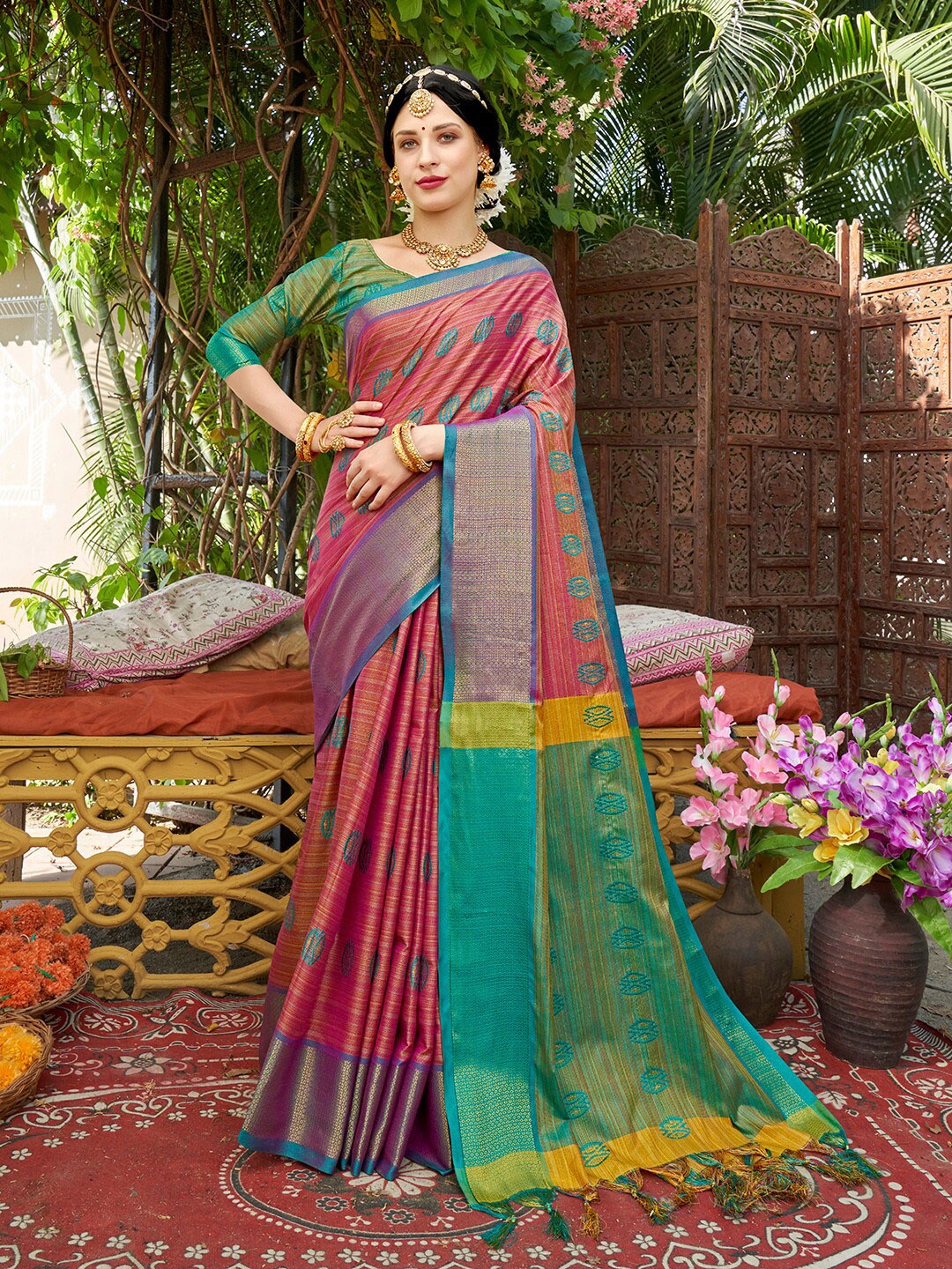 

Anouk Pink & Green Ethnic Motifs Woven Design Zari Banarasi Saree