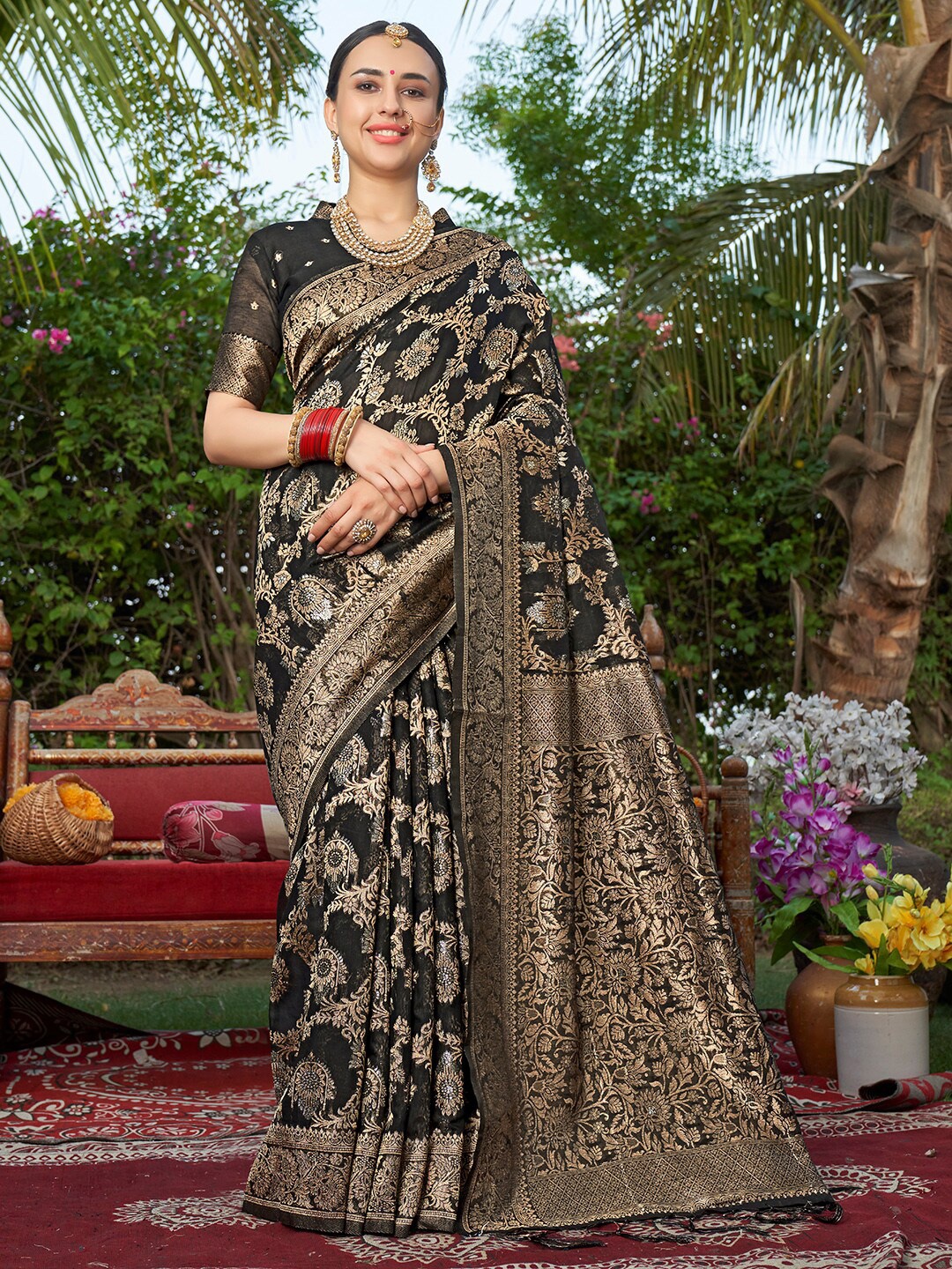 

Anouk Rustic Black Ethnic Motifs Woven Design Zari Banarasi Saree