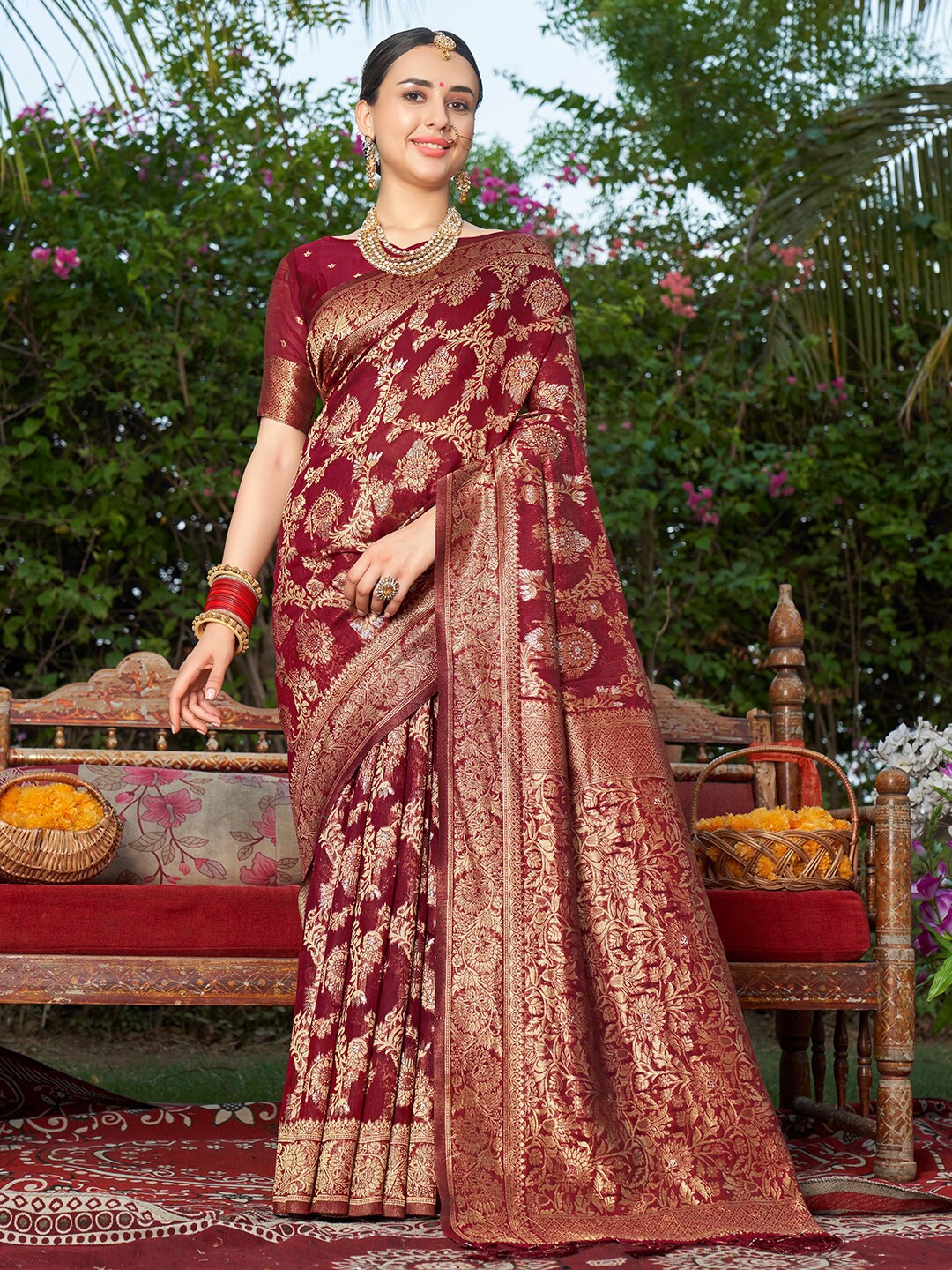 

Anouk Maroon Ethnic Motifs Woven Design Zari Banarasi Saree