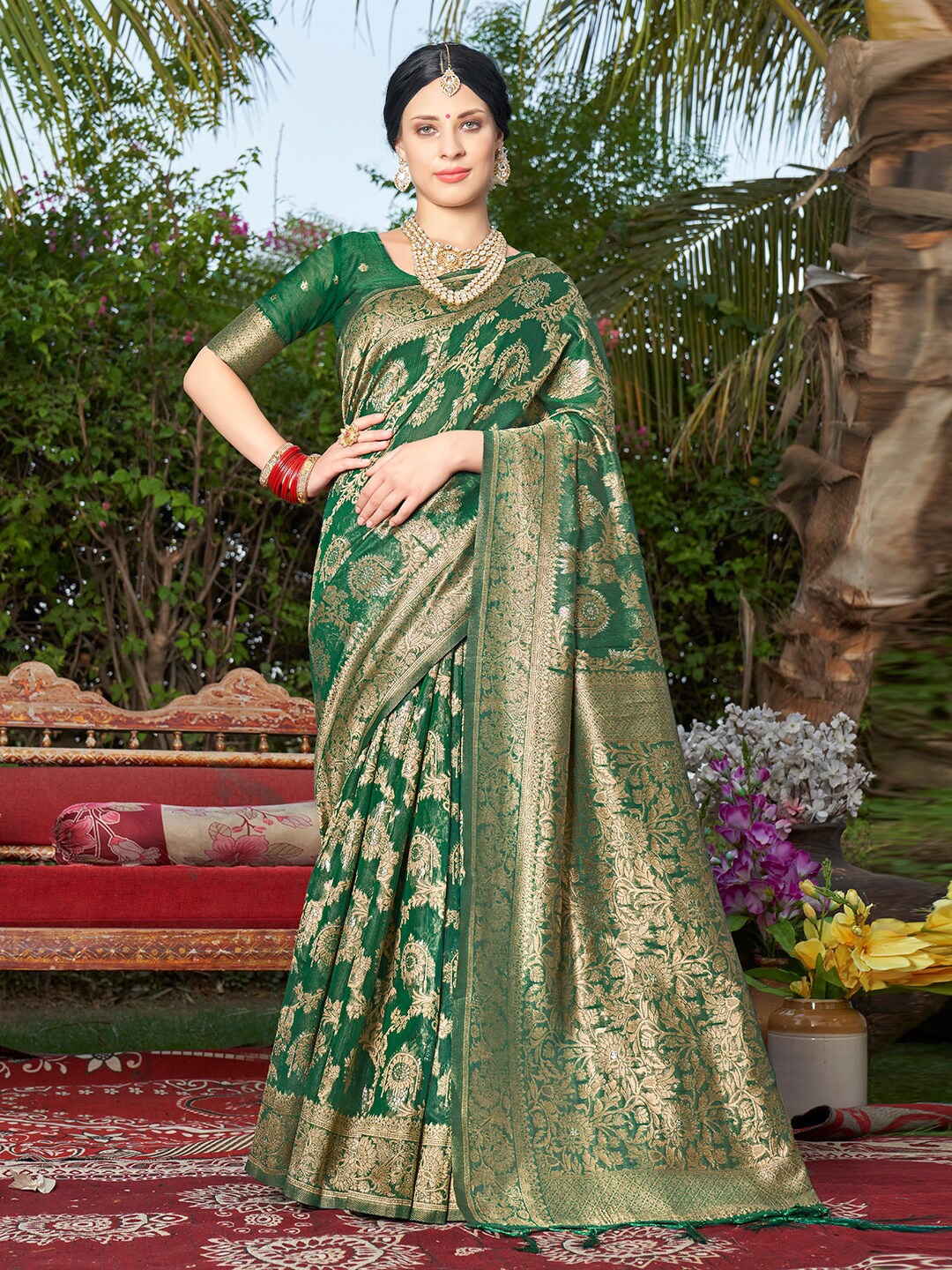 

Anouk Rustic Green Ethnic Motifs Woven Design Zari Banarasi Saree