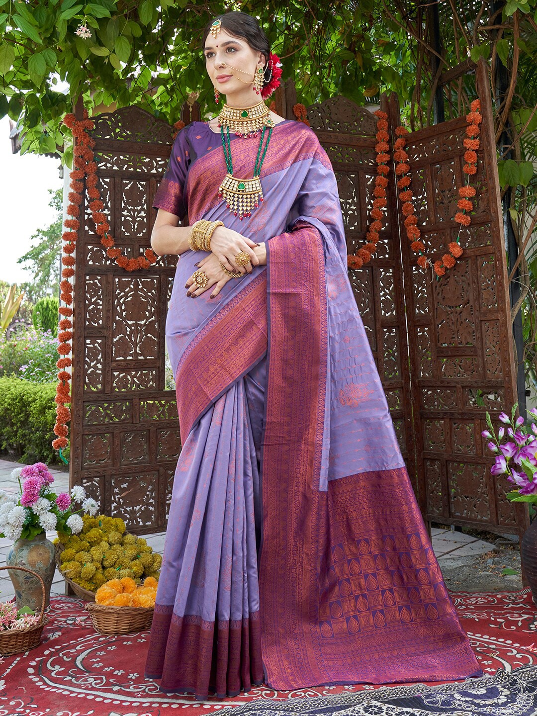 

Anouk Purple Ethnic Motifs Woven Design Zari Kanjeevaram Saree, Lavender