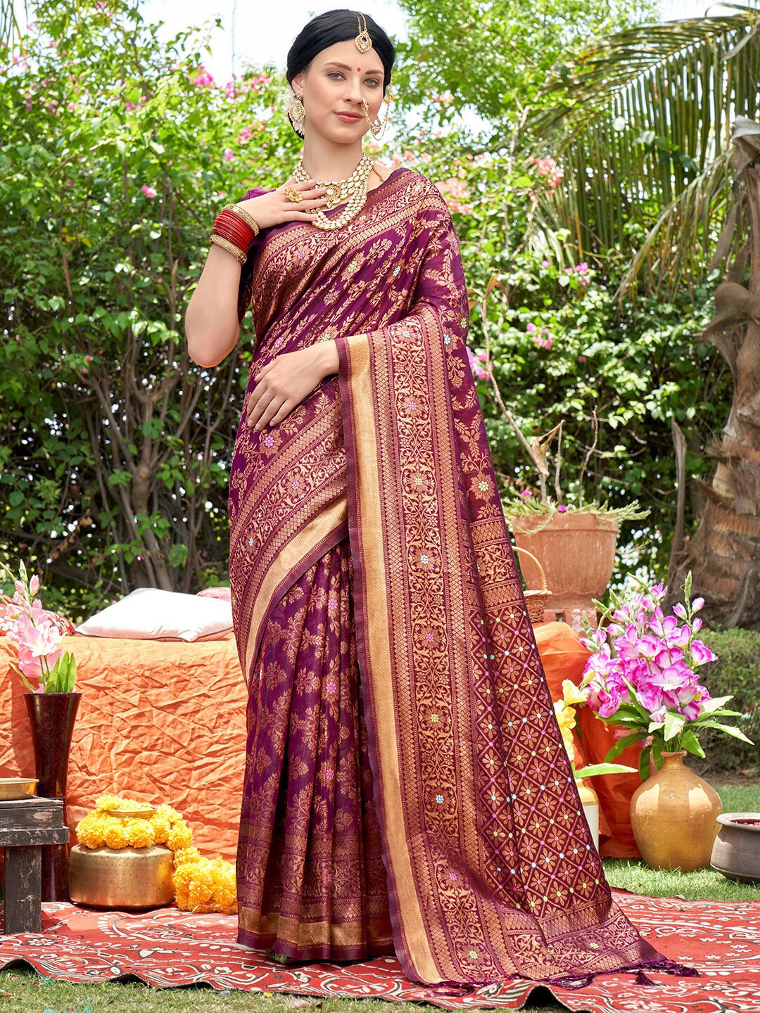 

Anouk Magenta Ethnic Motifs Woven Design Zari Banarasi Saree