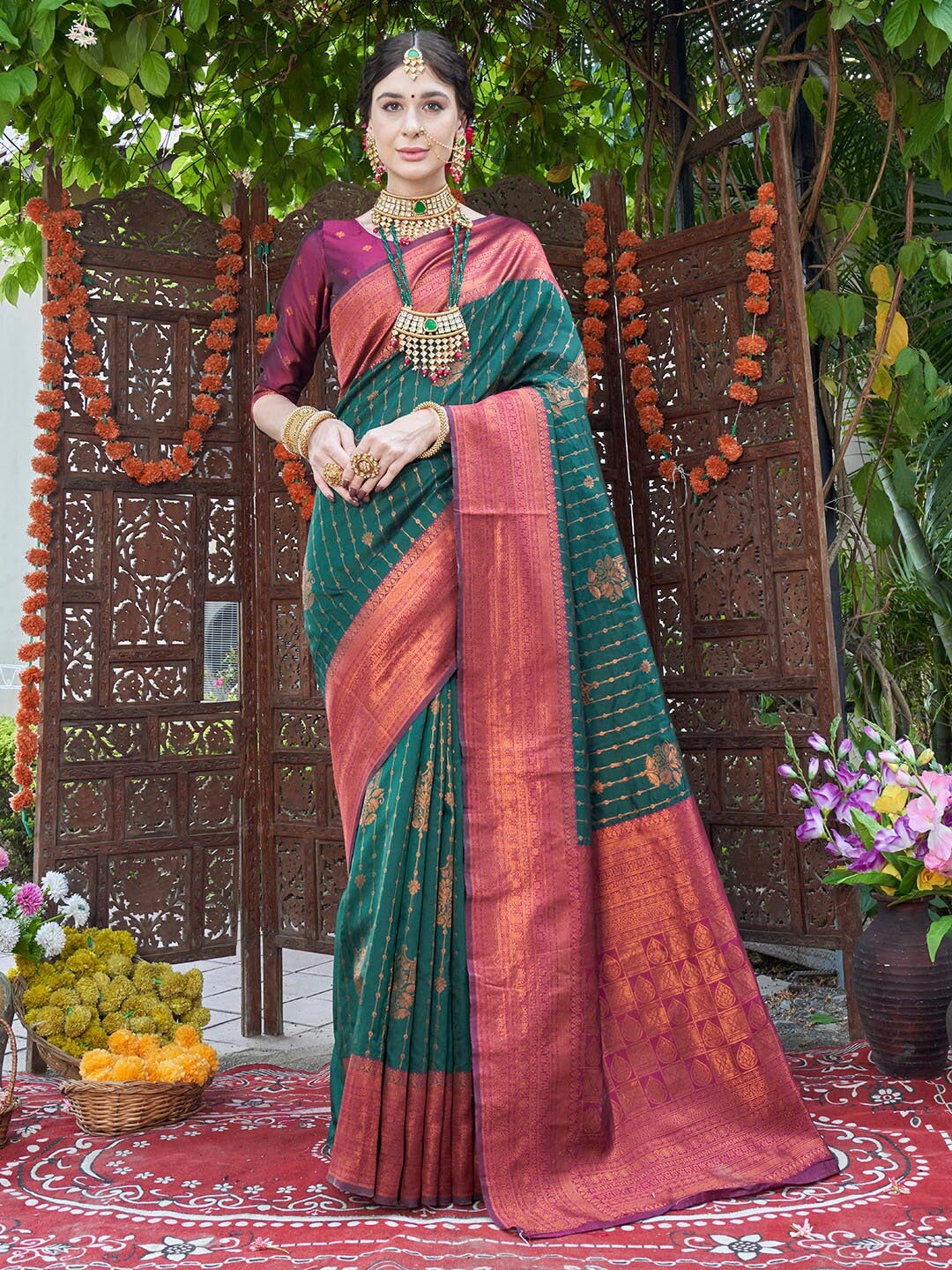 

Anouk Woven Design Zari Kanjeevaram Saree, Green