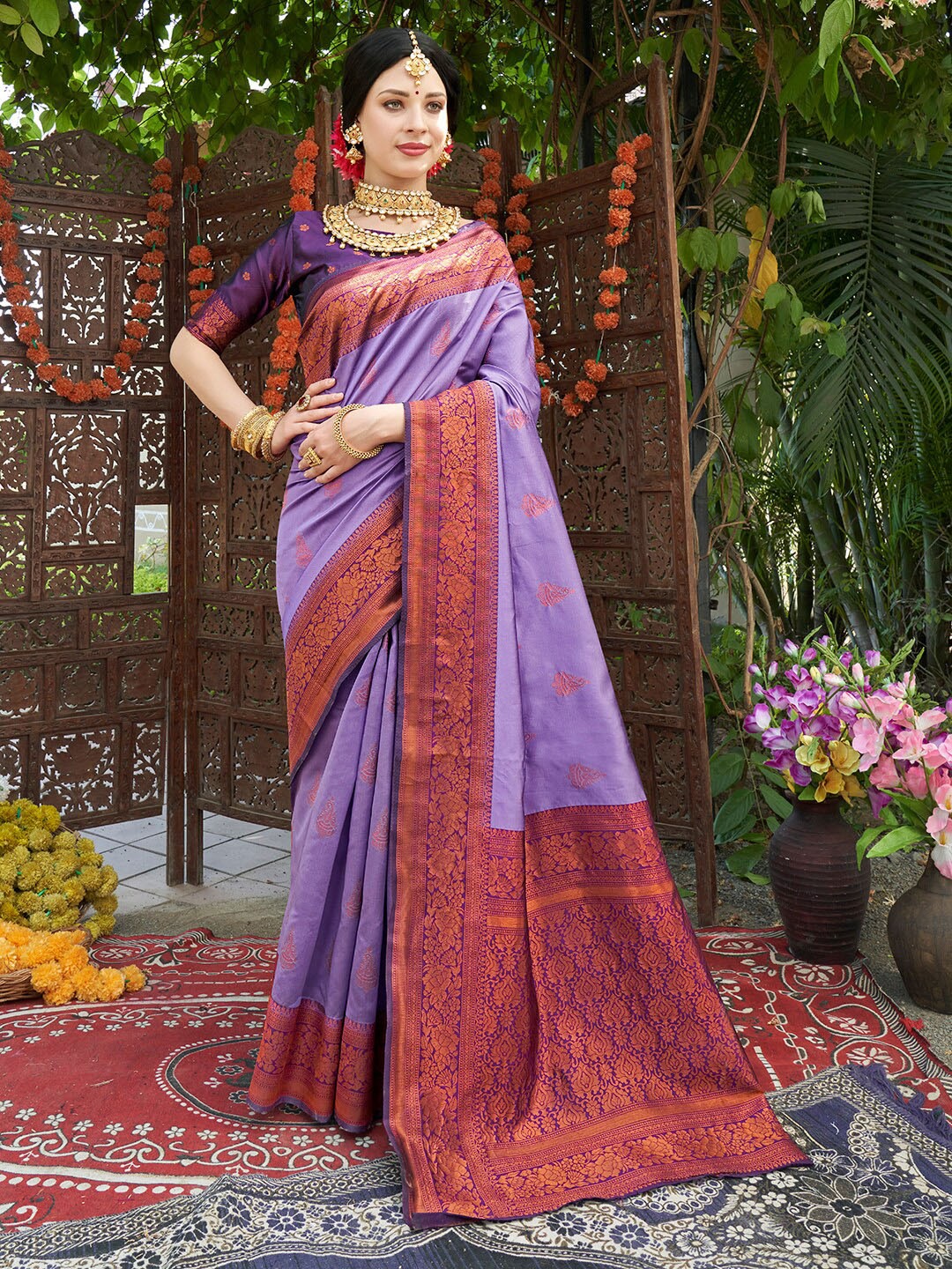 

Anouk Ethnic Motifs Woven Design Zari Detail Kanjeevaram Saree, Purple