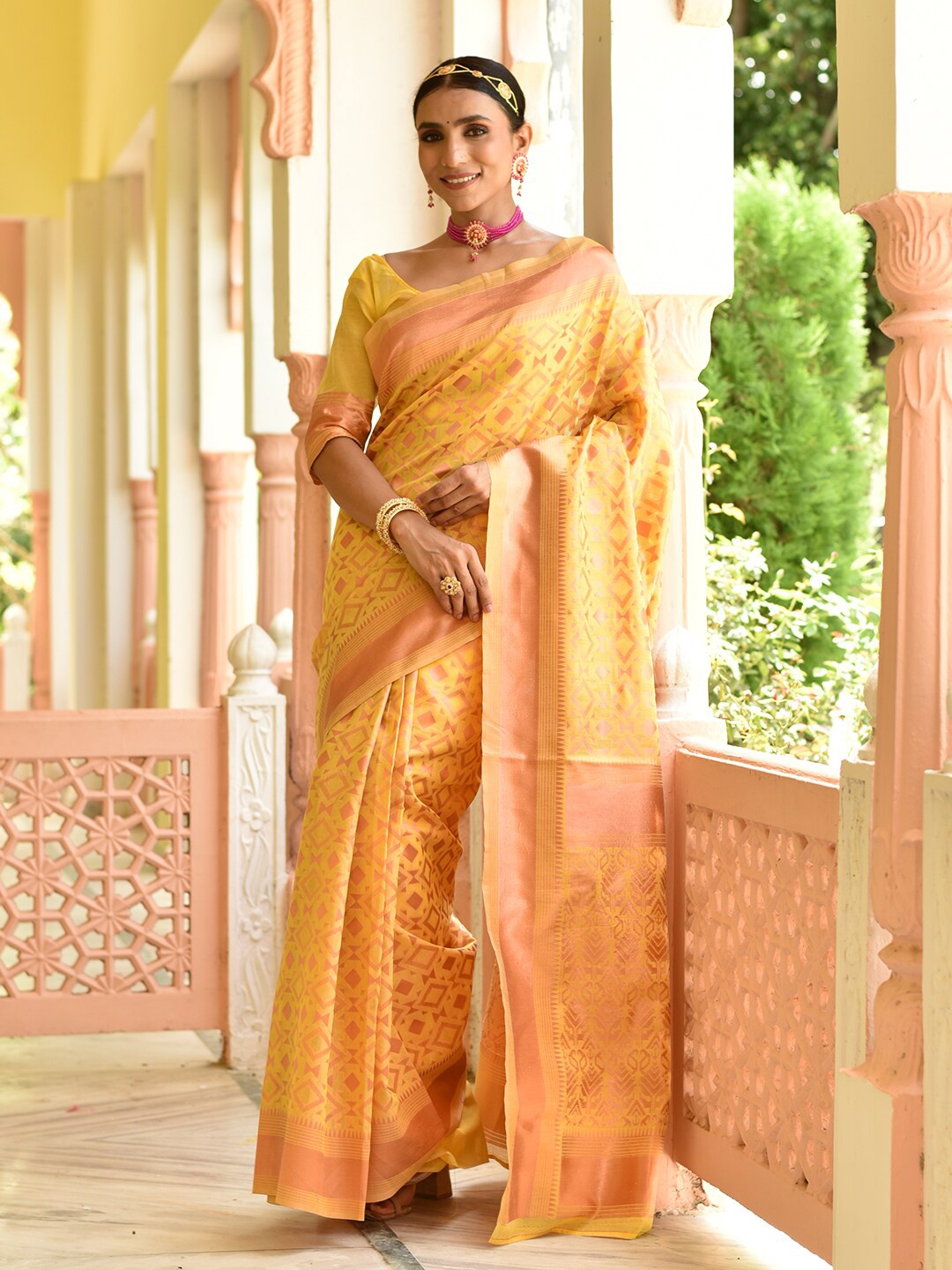 

Anouk Geometric Woven Design Zari Detail Chanderi Saree, Yellow