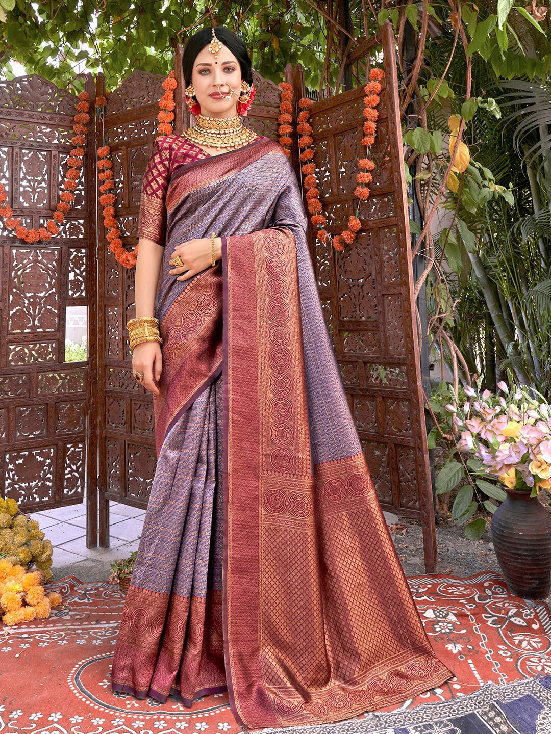 

Anouk Ethnic Motifs Woven Design Zari Detail Kanjeevaram Saree, Purple