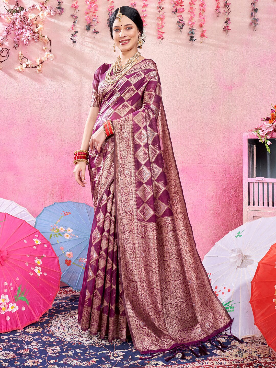 

Anouk Ethnic Motifs Woven Design Zari Chanderi Saree, Magenta