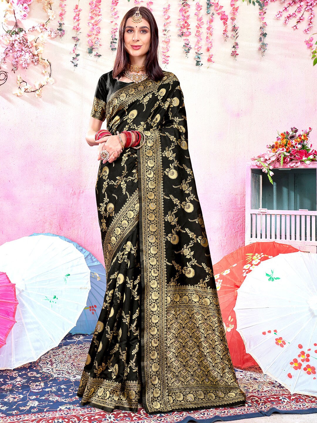 

Anouk Floral Woven Design Zari Jacquard Banarasi Saree, Black