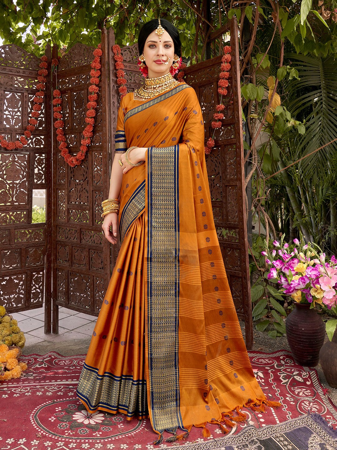 

Anouk Mustard & Blue Woven Design Zari Banarasi Saree