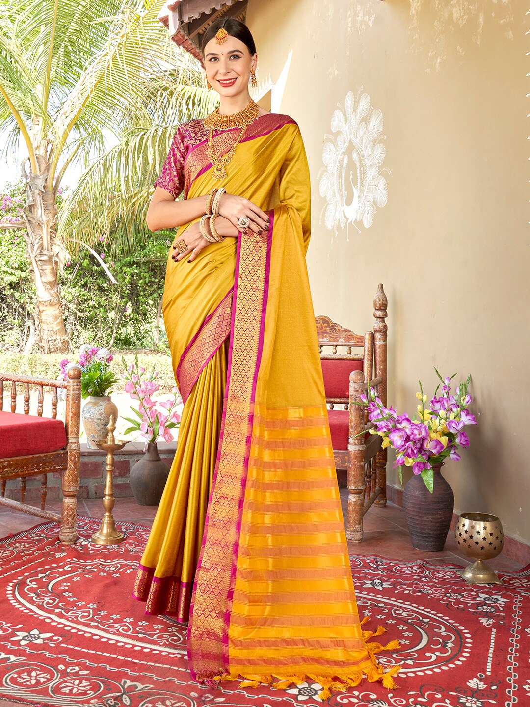 

Anouk Yellow & Pink Zari Art Silk Saree