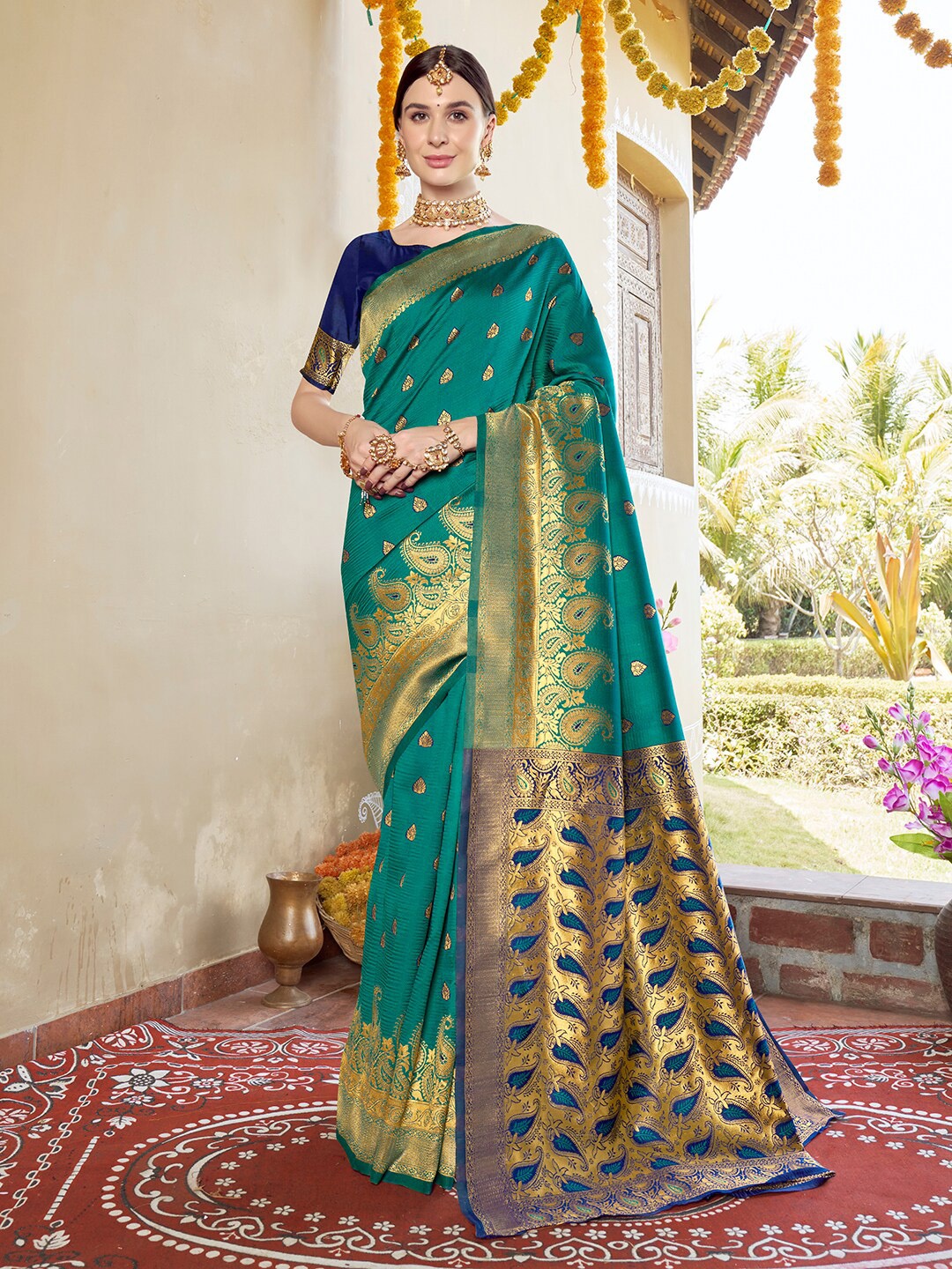 

Anouk Green & Navy Blue Woven Design Zari Art Silk Banarasi Saree