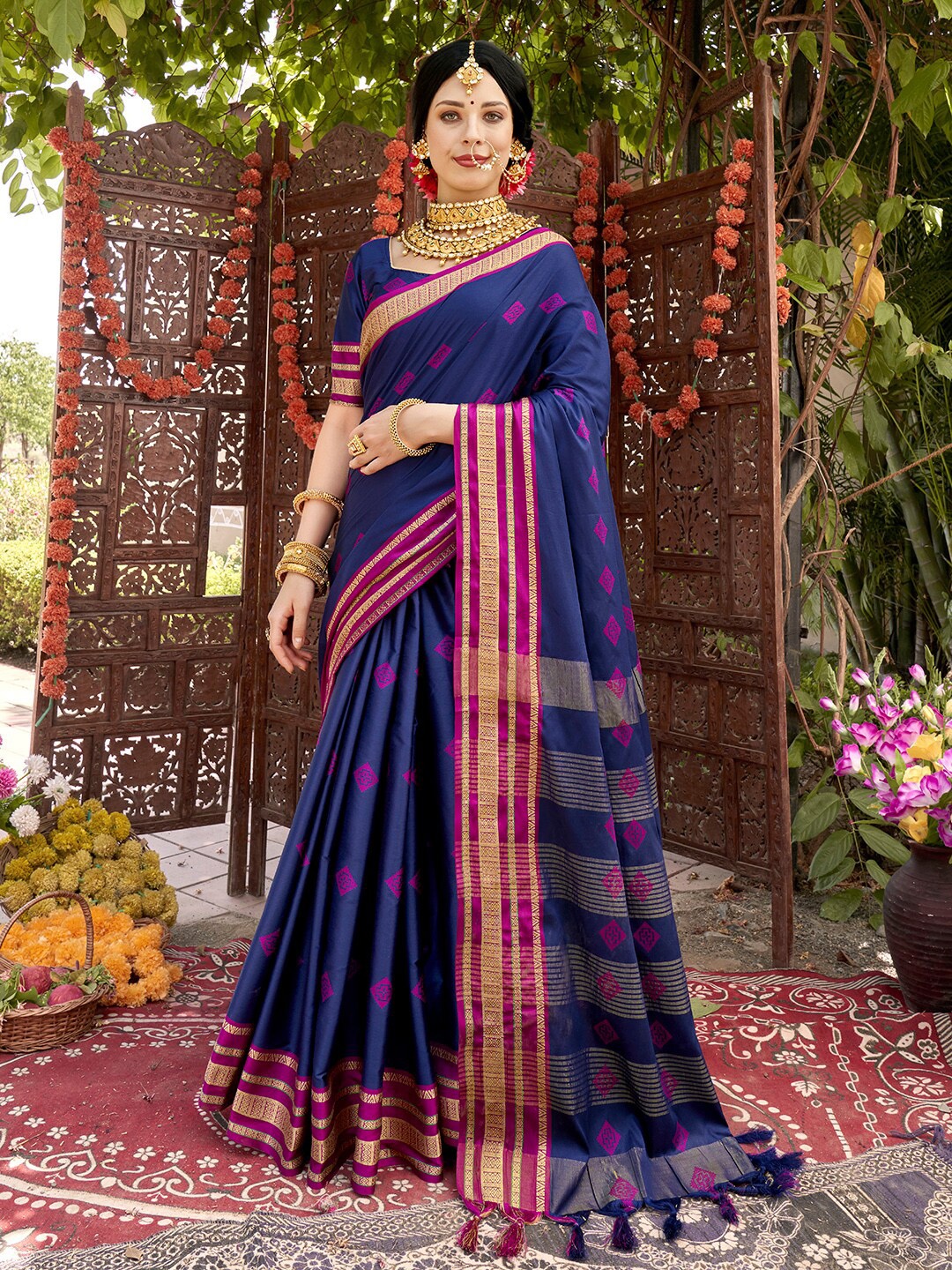 

Anouk Navy Blue & Pink Woven Design Zari Art Silk Banarasi Saree