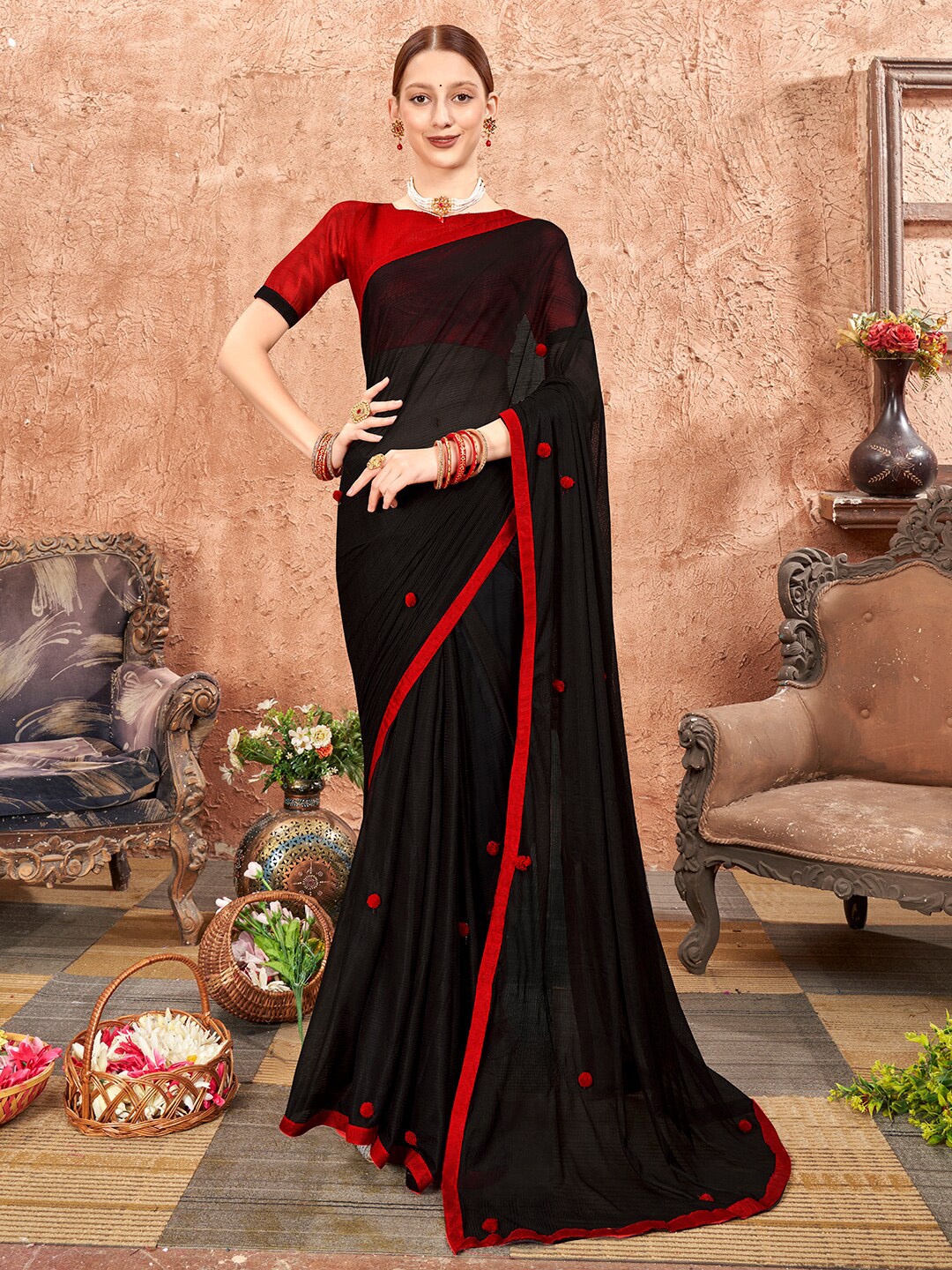 

Anouk Black & Red Polka Dot Embroidered Saree