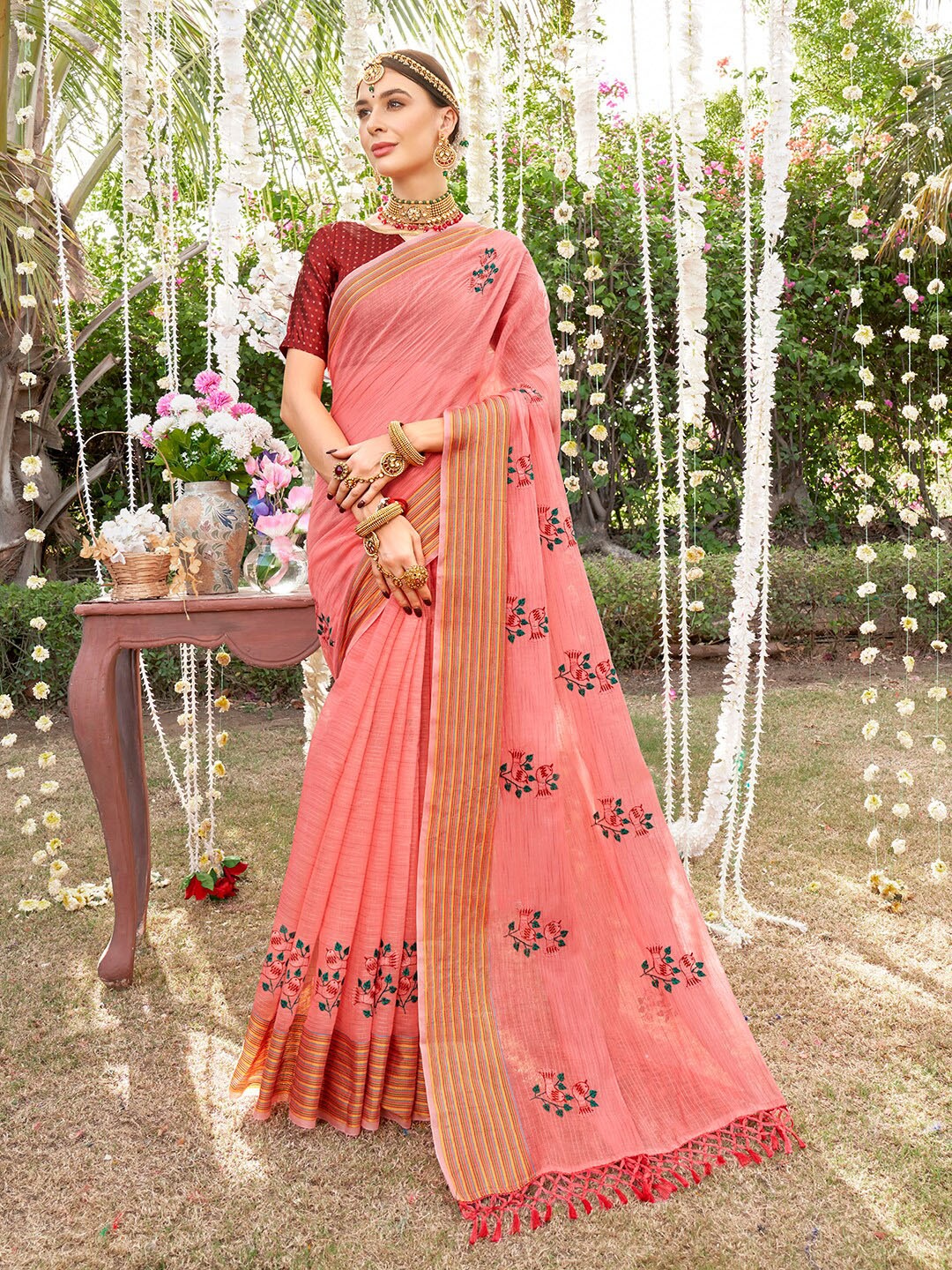 

Anouk Pink & Green Floral Embroidered Chanderi Saree