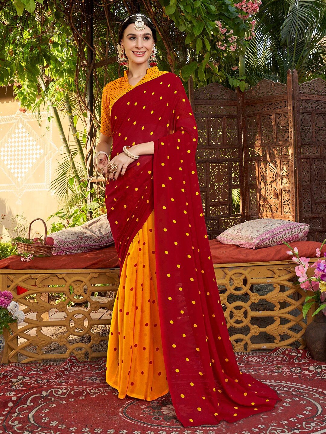 

Anouk Rustic Polka Dot Art Silk Half and Half Saree, Red