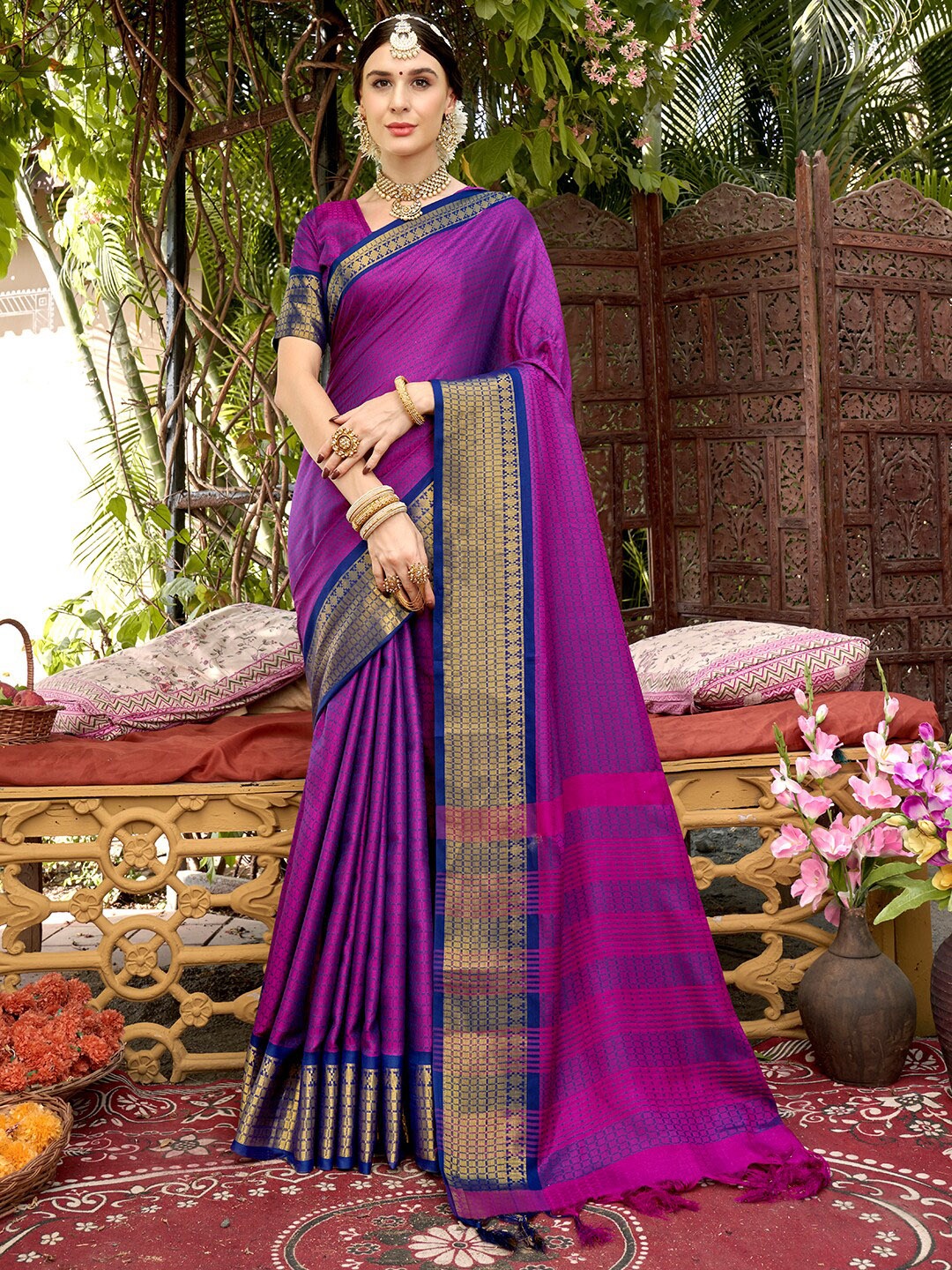 

Anouk Rustic Pink & Blue Ethnic Motifs Woven Design Zari Banarasi Saree