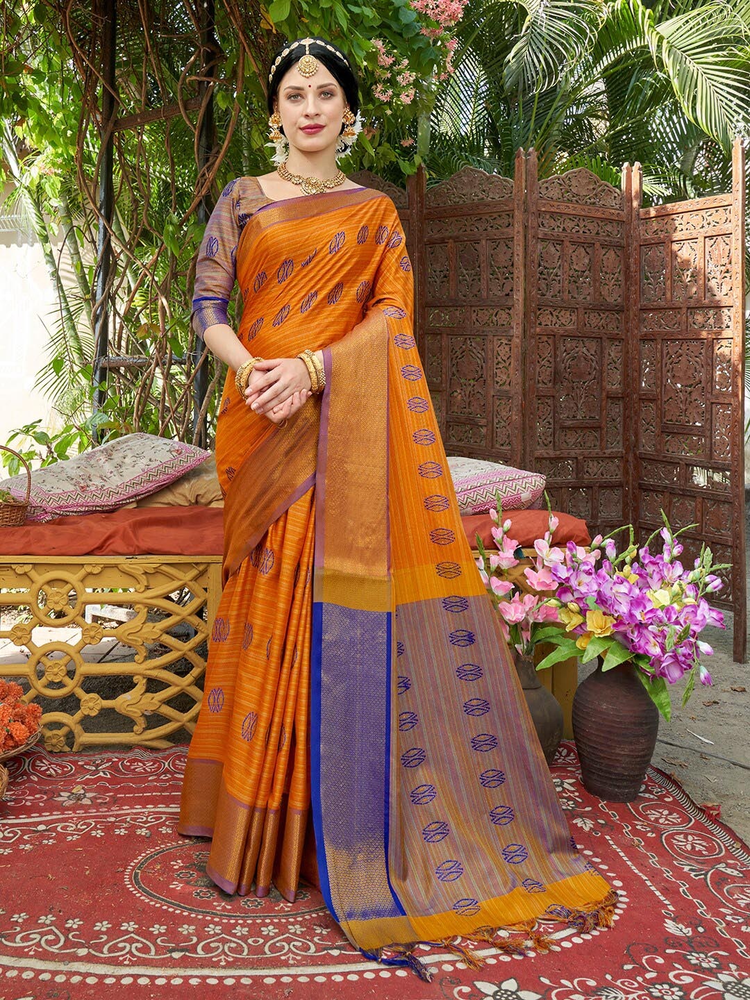 

Anouk Yellow & Blue Ethnic Motifs Woven Design Zari Banarasi Saree