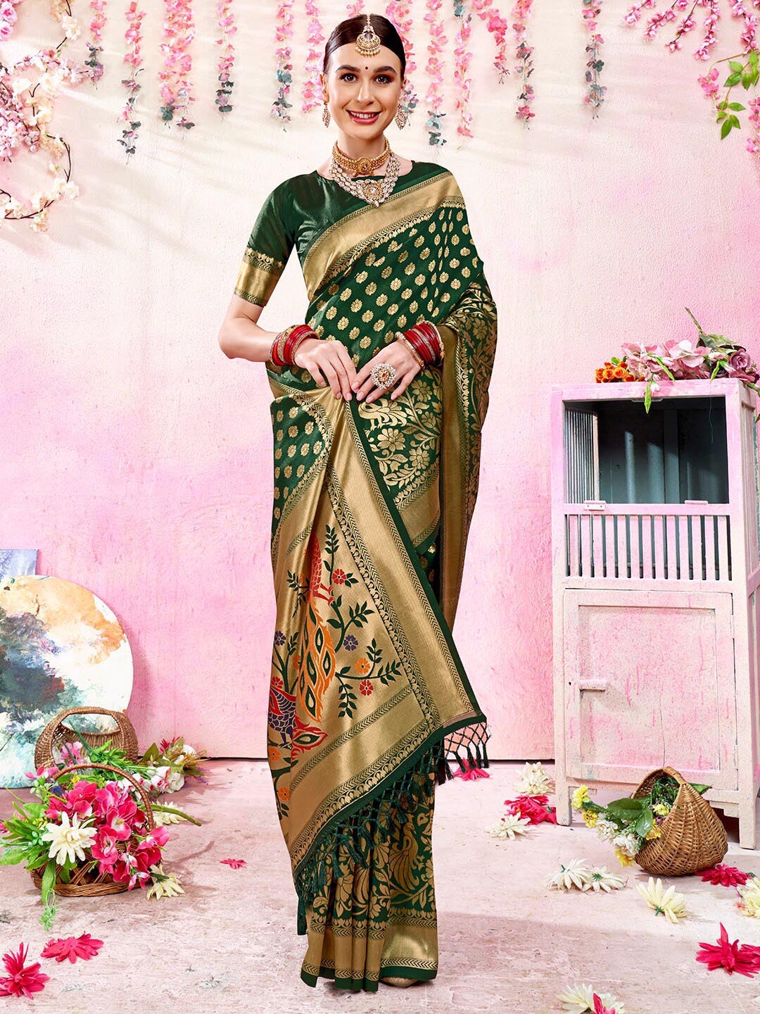 

Anouk Green & Gold-Toned Ethnic Motifs Woven Design Zari Banarasi Saree