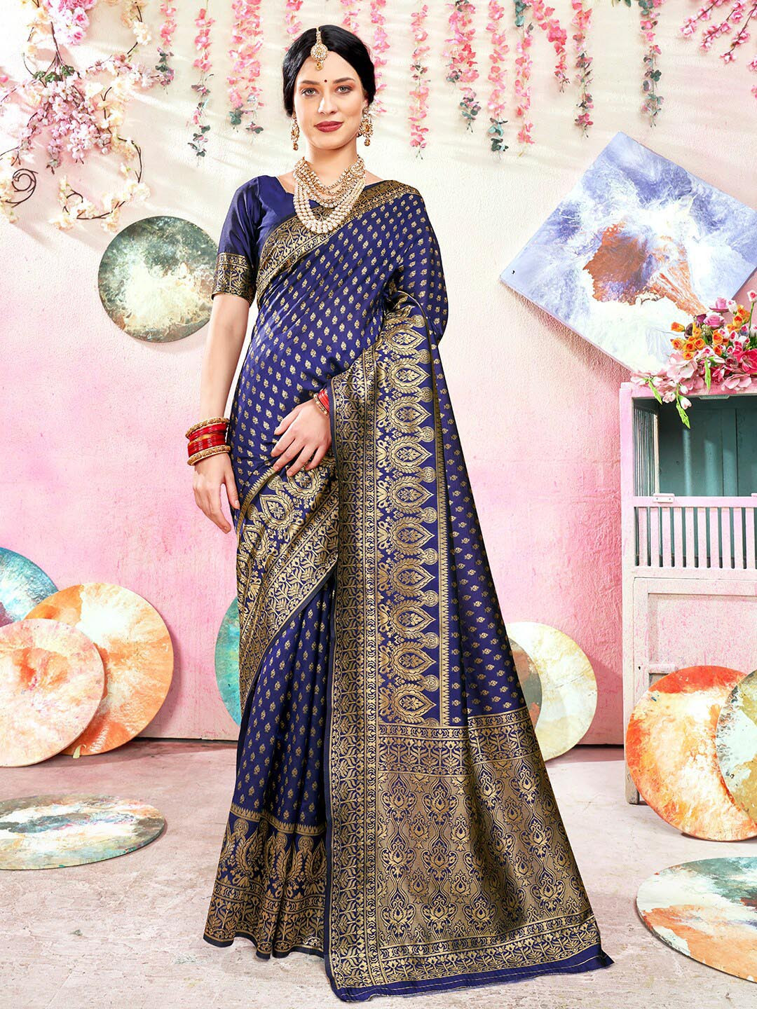 

Anouk Navy Blue & Gold-Toned Ethnic Motifs Woven Design Saree