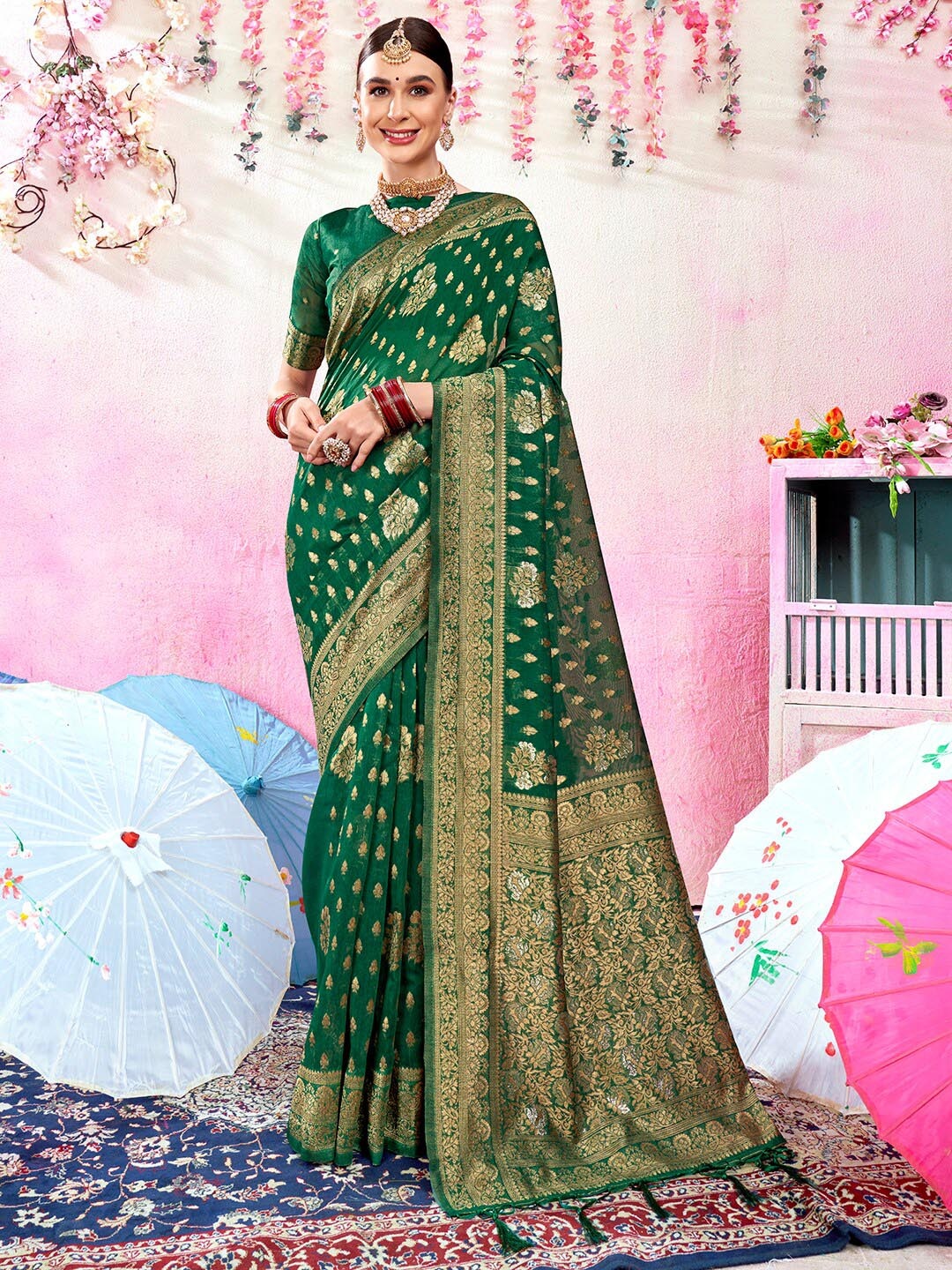 

Anouk Rustic Green & Gold-Toned Floral Woven Design Zari Chanderi Saree