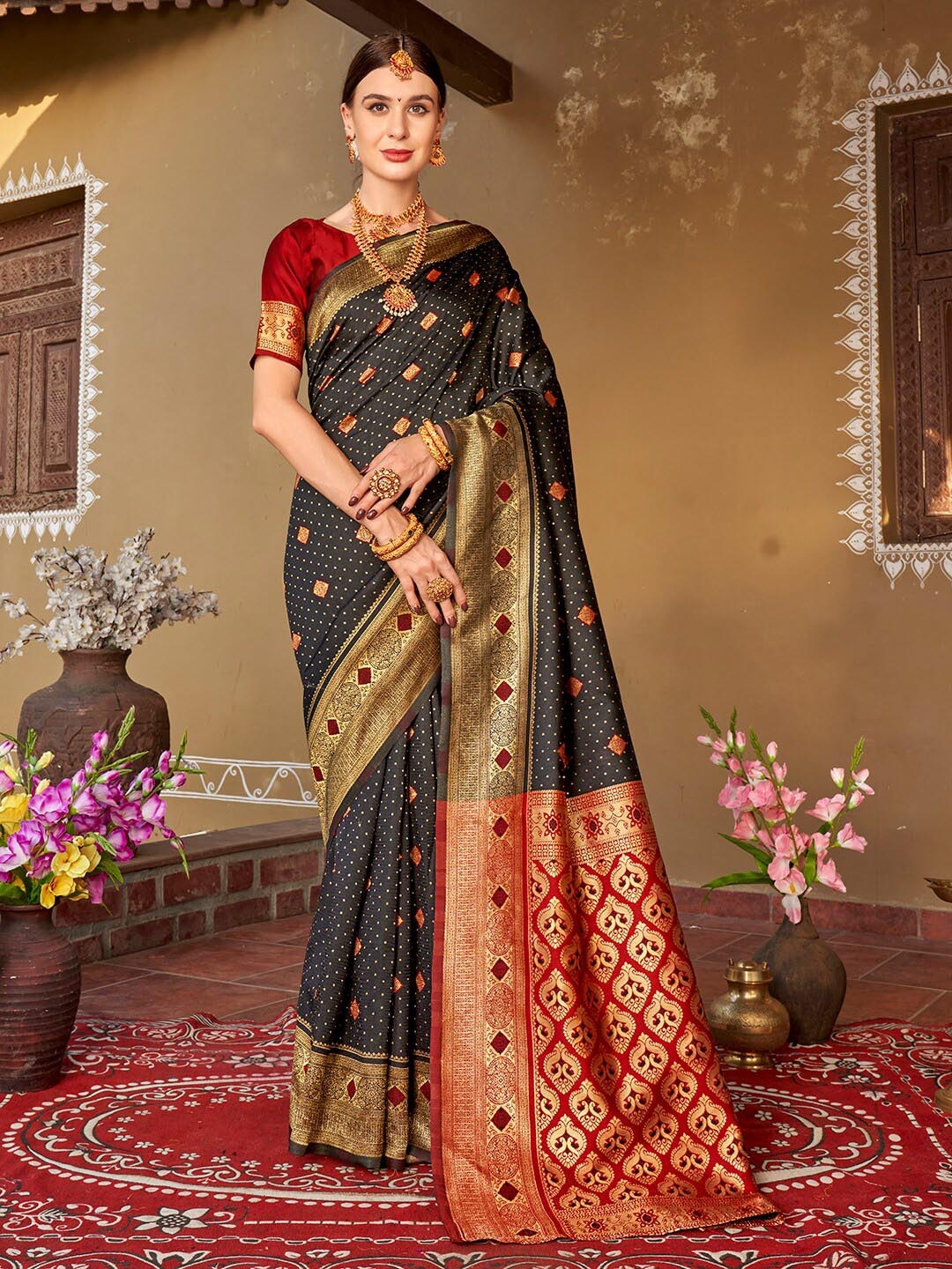 

Anouk Black & Red Ethnic Motifs Woven Design Zari Banarasi Saree