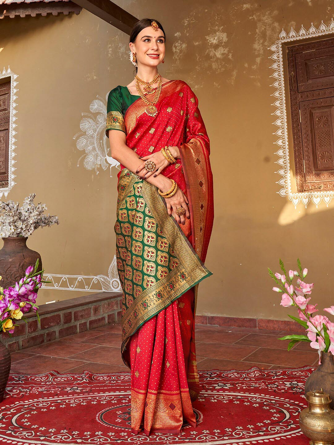 

Anouk Red & Green Ethnic Motifs Woven Design Zari Art Silk Banarasi Saree