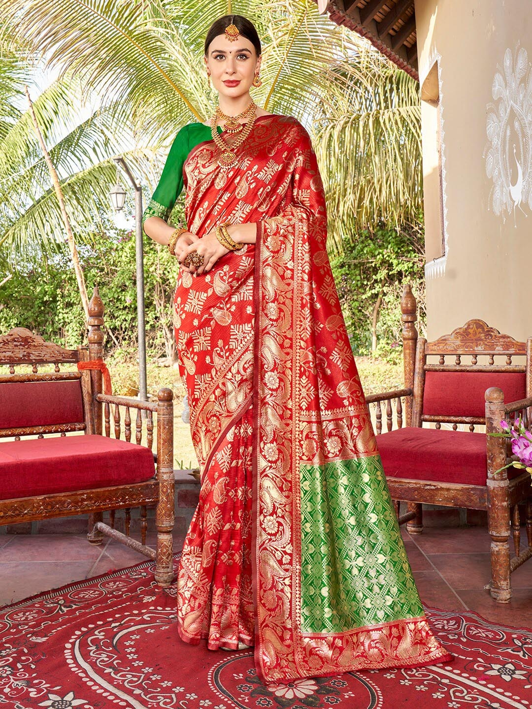 

Anouk Red & Green Ethnic Motifs Woven Design Zari Art Silk Banarasi Saree