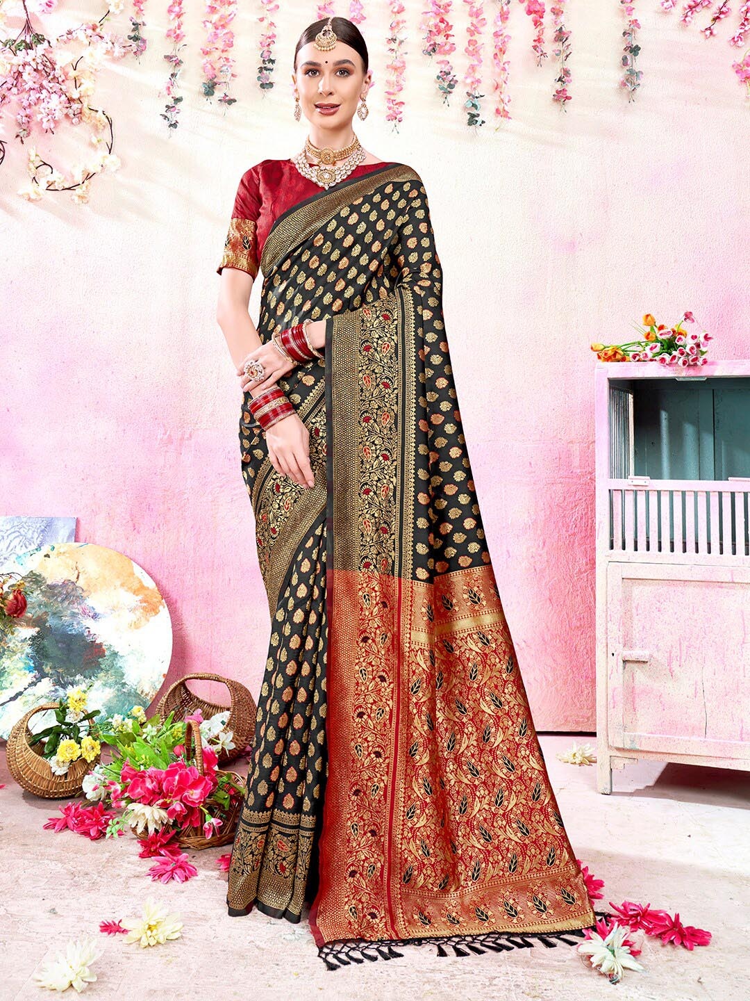 

Anouk Black & Red Ethnic Motifs Woven Design Zari Art Silk Kanjeevaram Saree