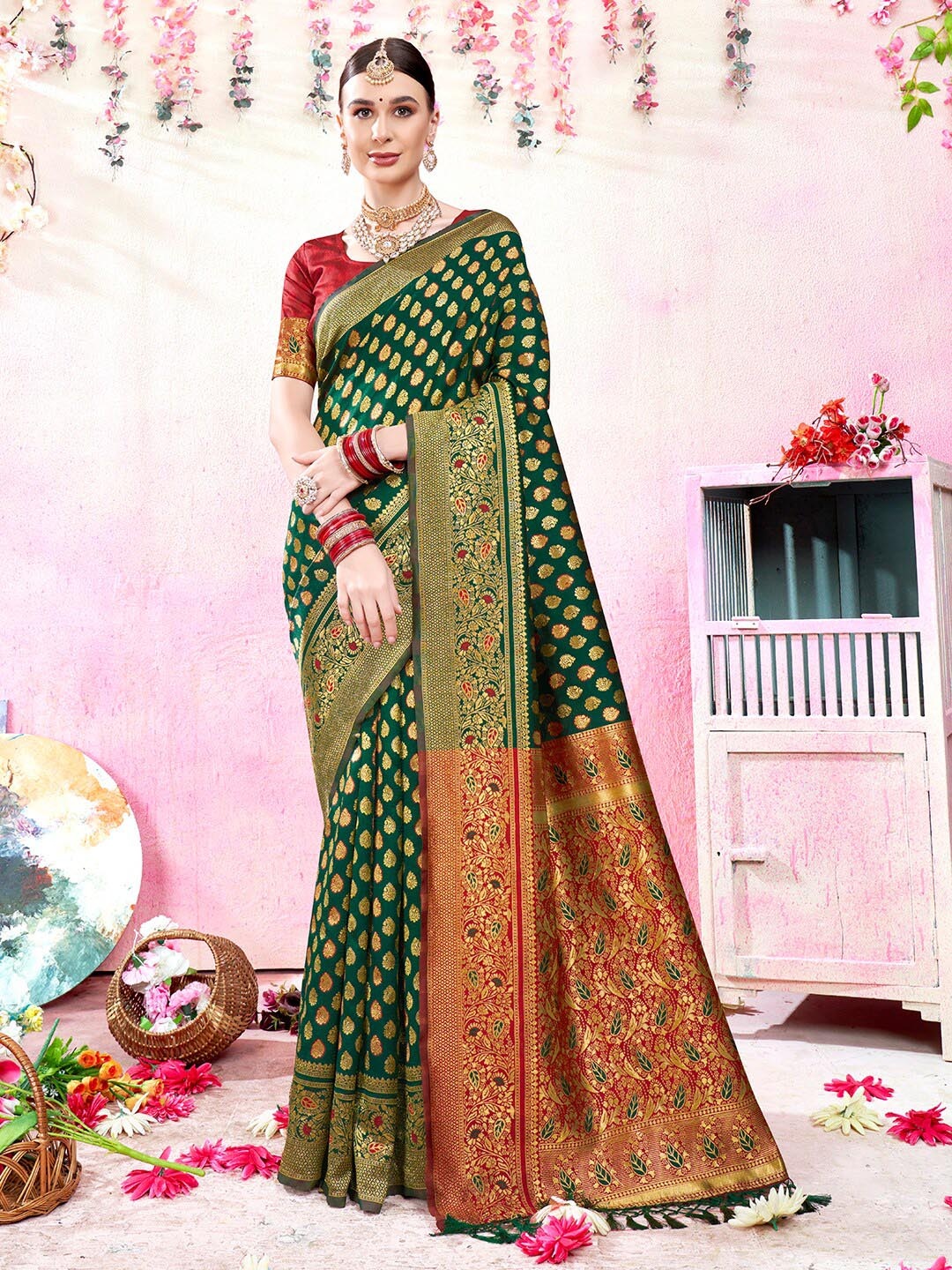 

Anouk Green & Red Ethnic Mptifs Woven Design Zari Art Silk Kanjeevaram Saree
