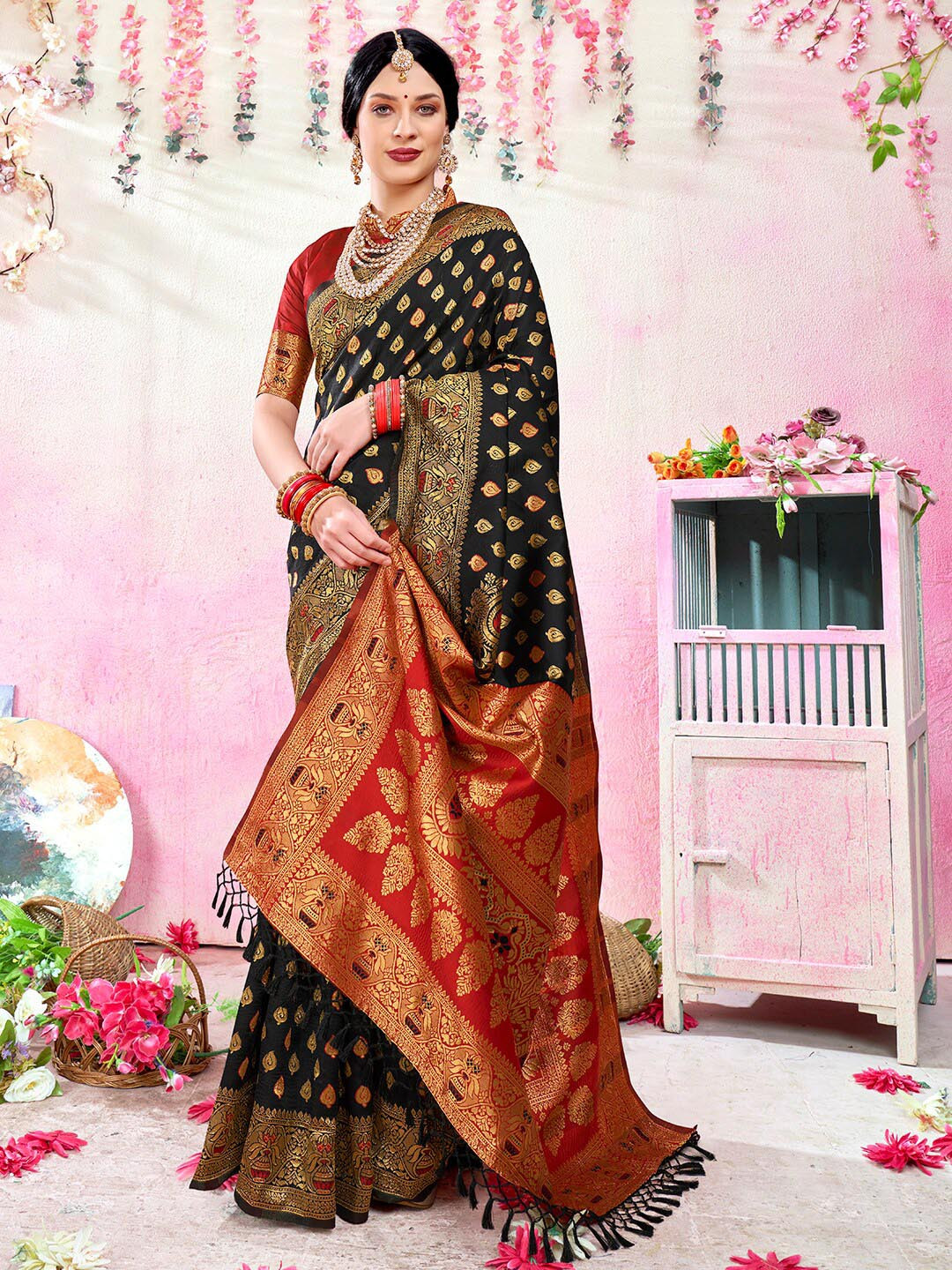 

Anouk Black & Red Ethnic Motifs Woven Design Zari Art Silk Kanjeevaram Saree