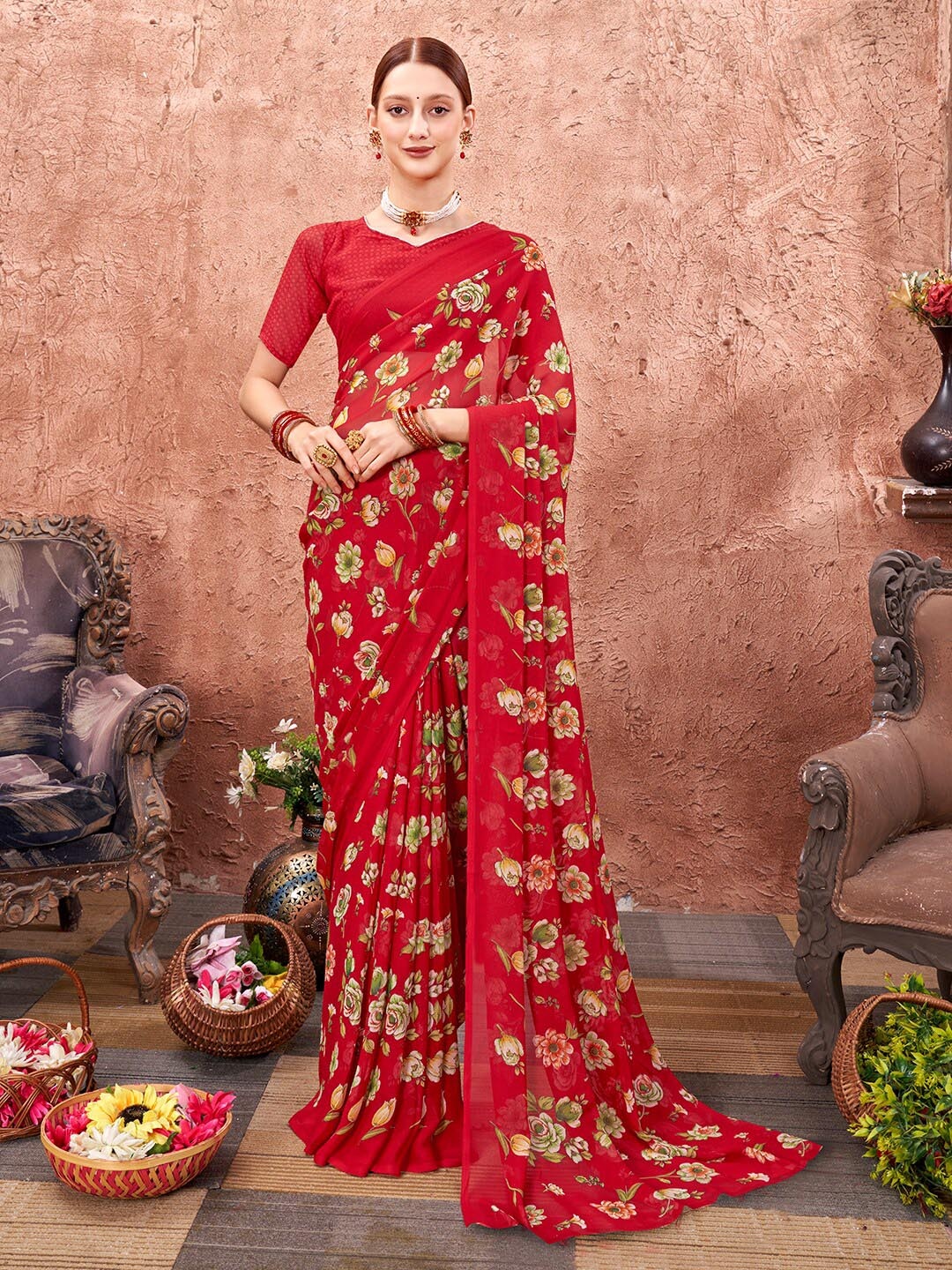 

Anouk Rustic Red & Yellow Floral Printed Art Silk Saree