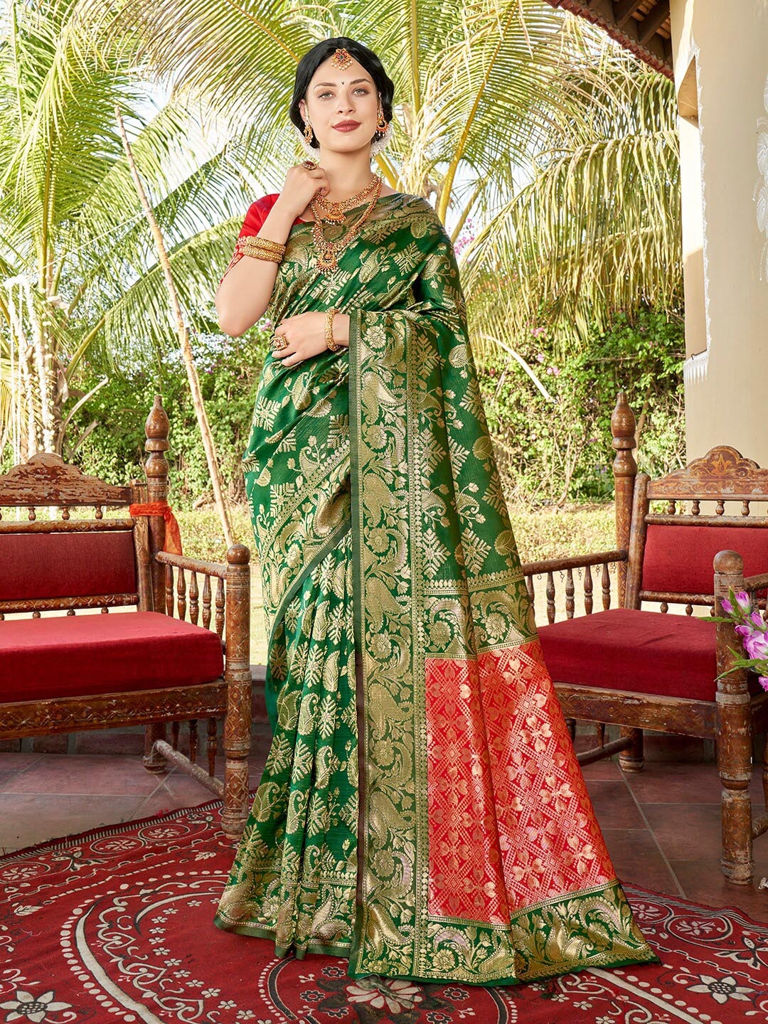 

Anouk Green & Red Woven Design Zari Banarasi Saree