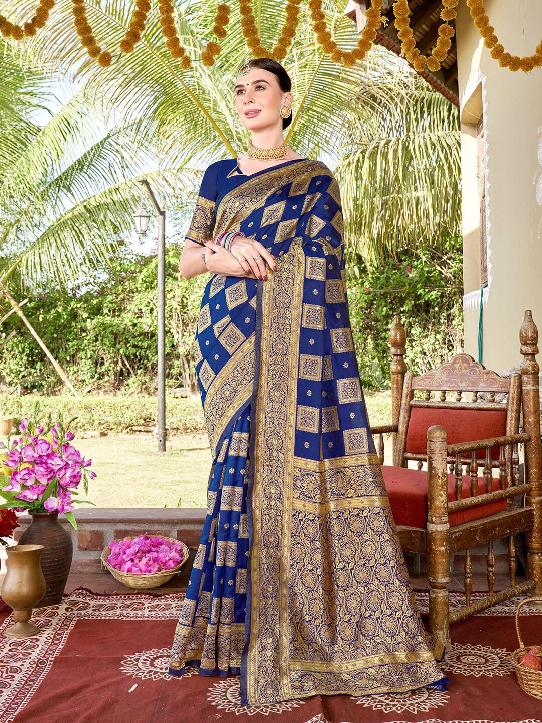 

Anouk Blue & Gold-Toned Woven Design Zari Banarasi Saree