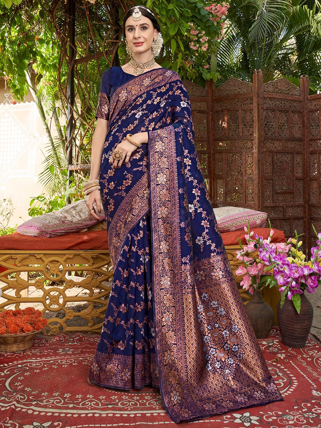 

Anouk Navy Blue & Silver-Toned Woven Design Zari Banarasi Saree