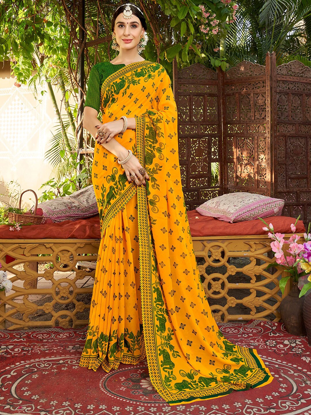 

Anouk Yellow & Green Ethnic Motifs Printed Art Silk Saree