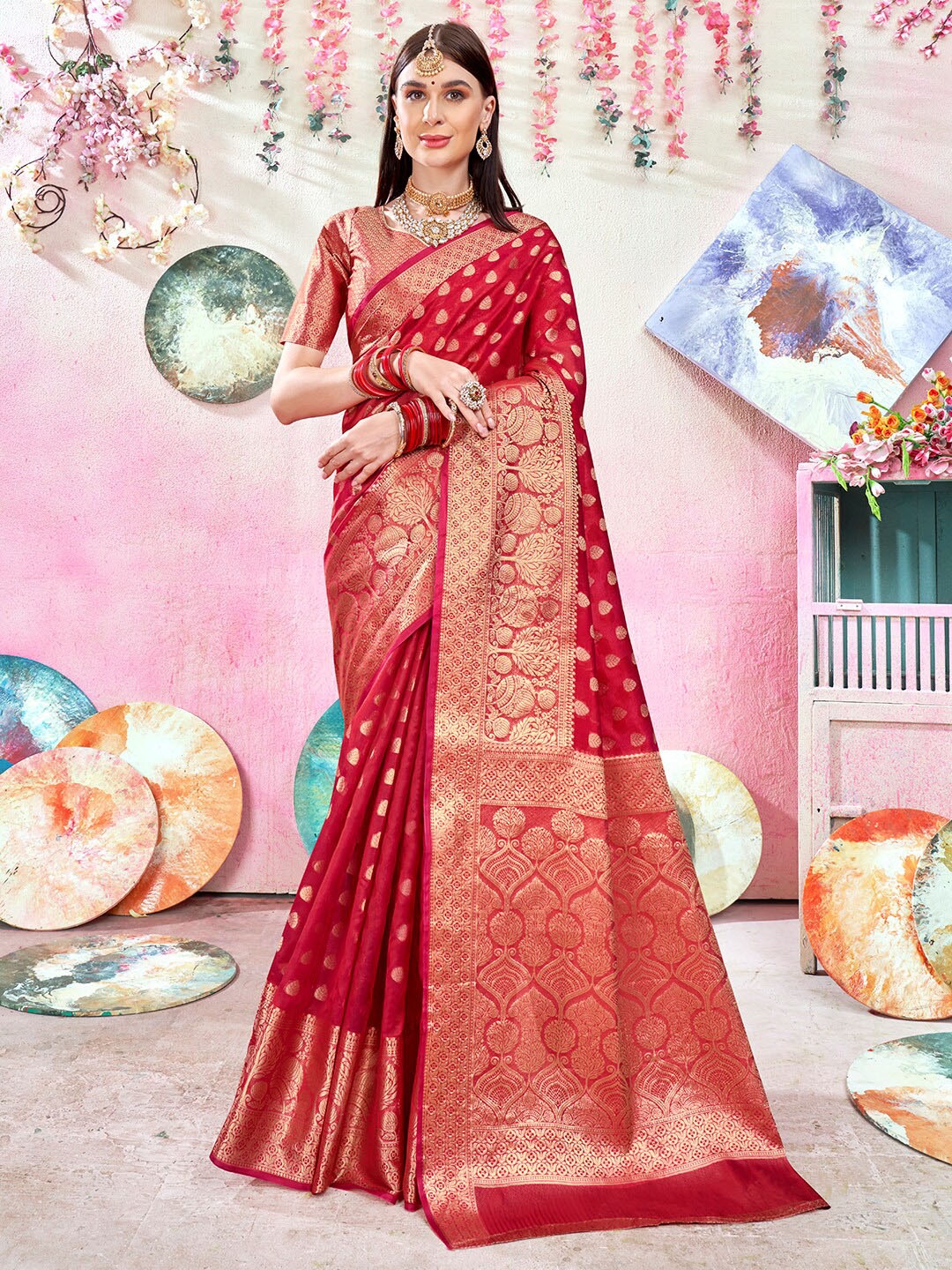 

Anouk Red & Gold-Toned Woven Design Zari Art Silk Jacquard Saree