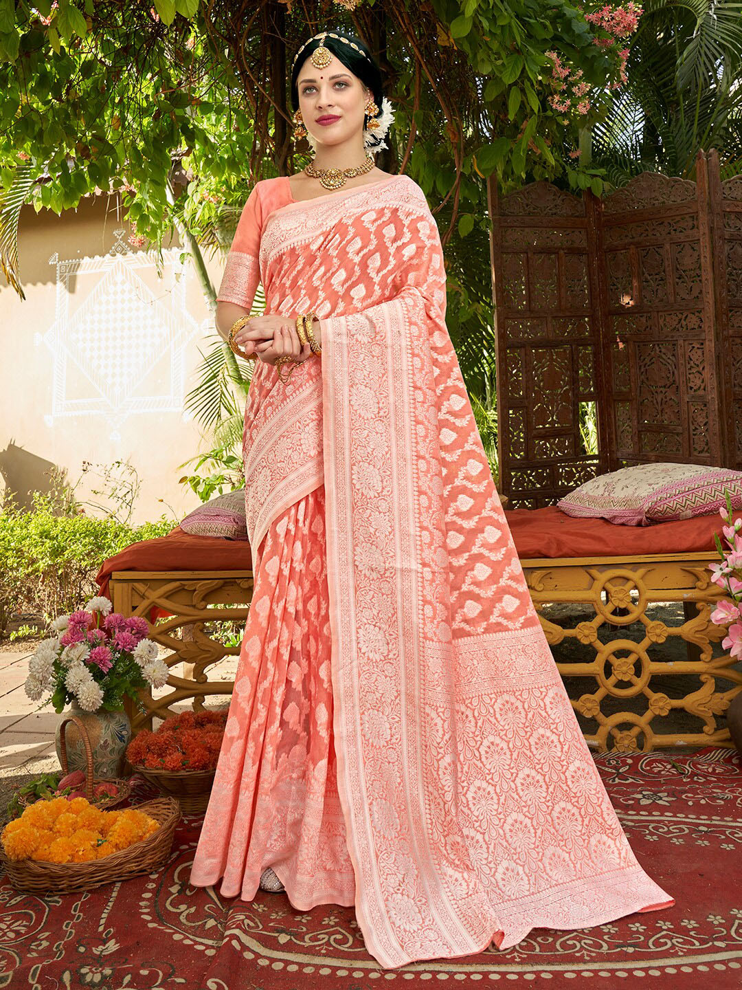 

Anouk Orange & Silver-Toned Woven Design Zari Art Silk Kanjeevaram Saree