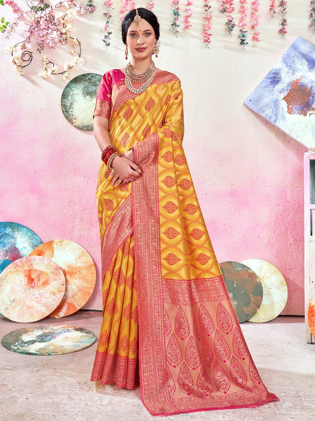 

Anouk Yellow & Pink Ethnic Motifs Woven Design Zari Art Silk Banarasi Saree