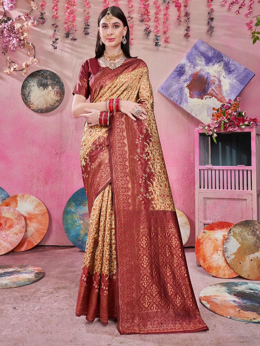 

Anouk Maroon & Beige Woven Design Zari Art Silk Kanjeevaram Saree