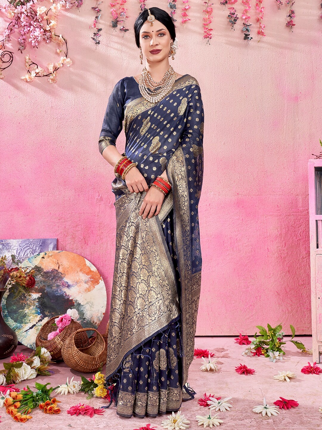 

Anouk Navy Blue & Gold-Toned Floral Woven Design Zari Pure Cotton Chanderi Saree