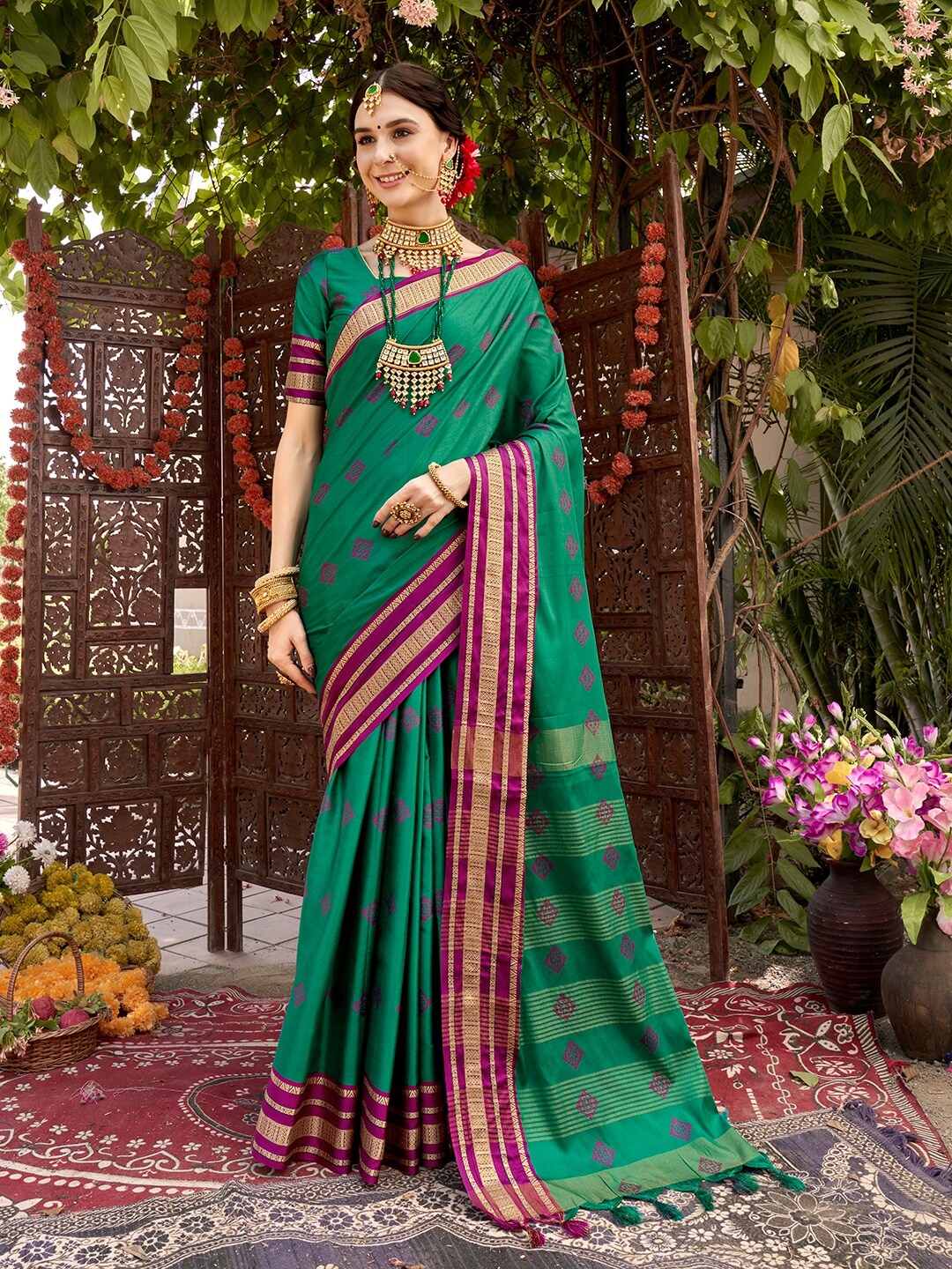 

Anouk Green & Pink Geometric Printed Zari Art Silk Banarasi Saree
