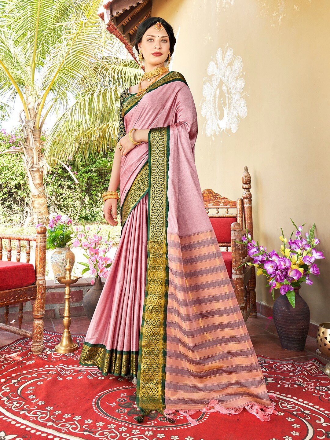 

Anouk Pink & Green Zari Saree