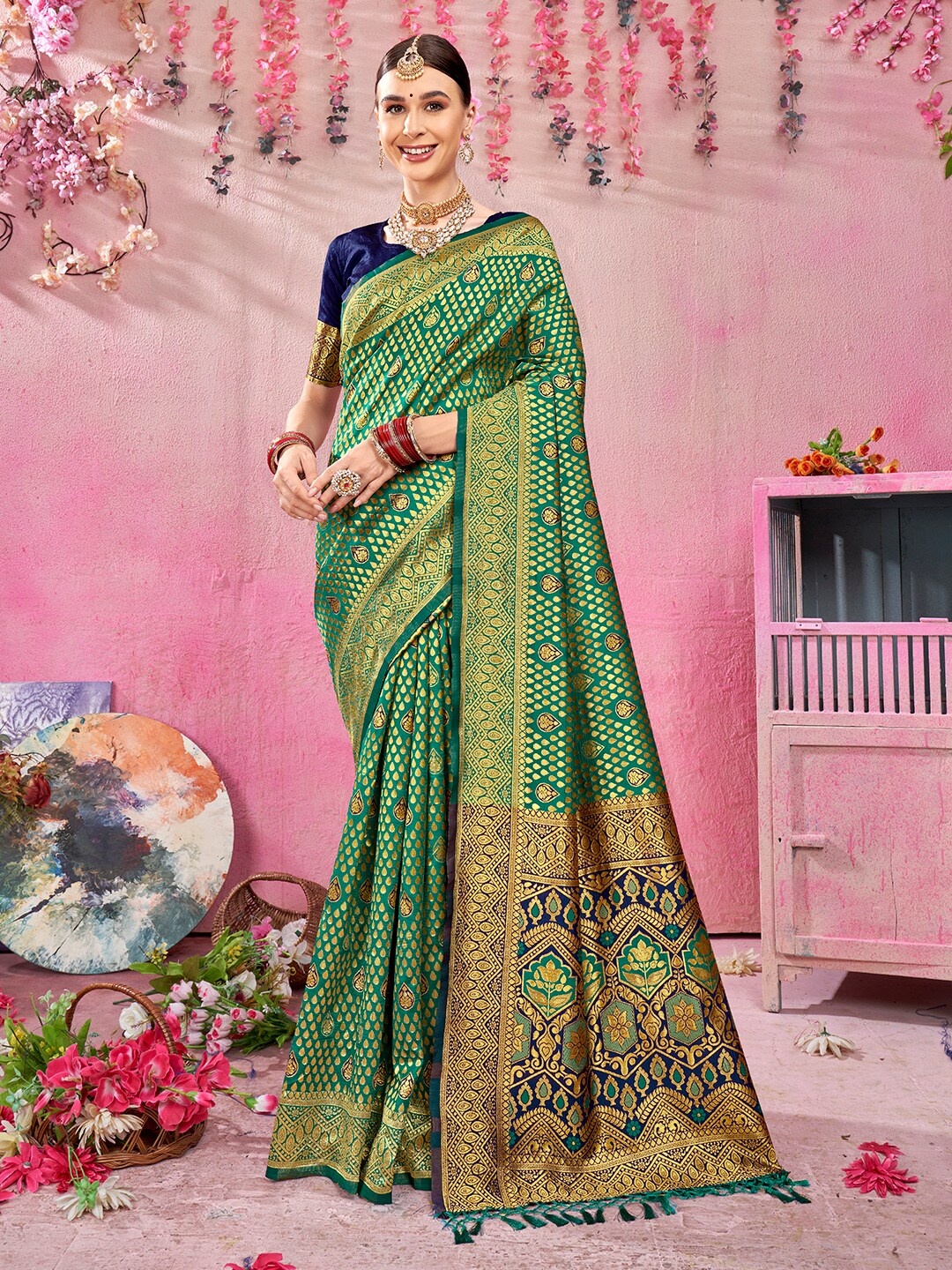 

Anouk Green & Blue Ethnic Motifs Woven Design Zari Art Silk Banarasi Saree