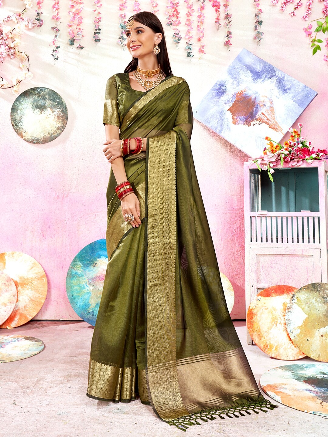 

Anouk Green & Gold-Toned Zari Saree