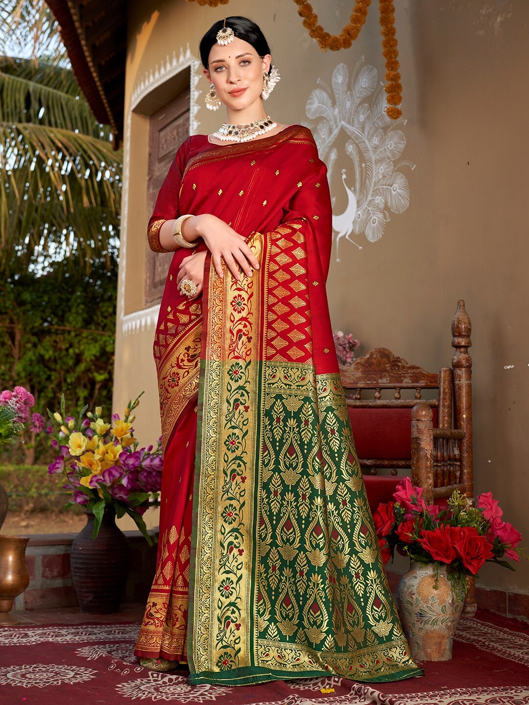 

Anouk Red & Green Ethnic Motifs Woven Design Zari Chanderi Saree